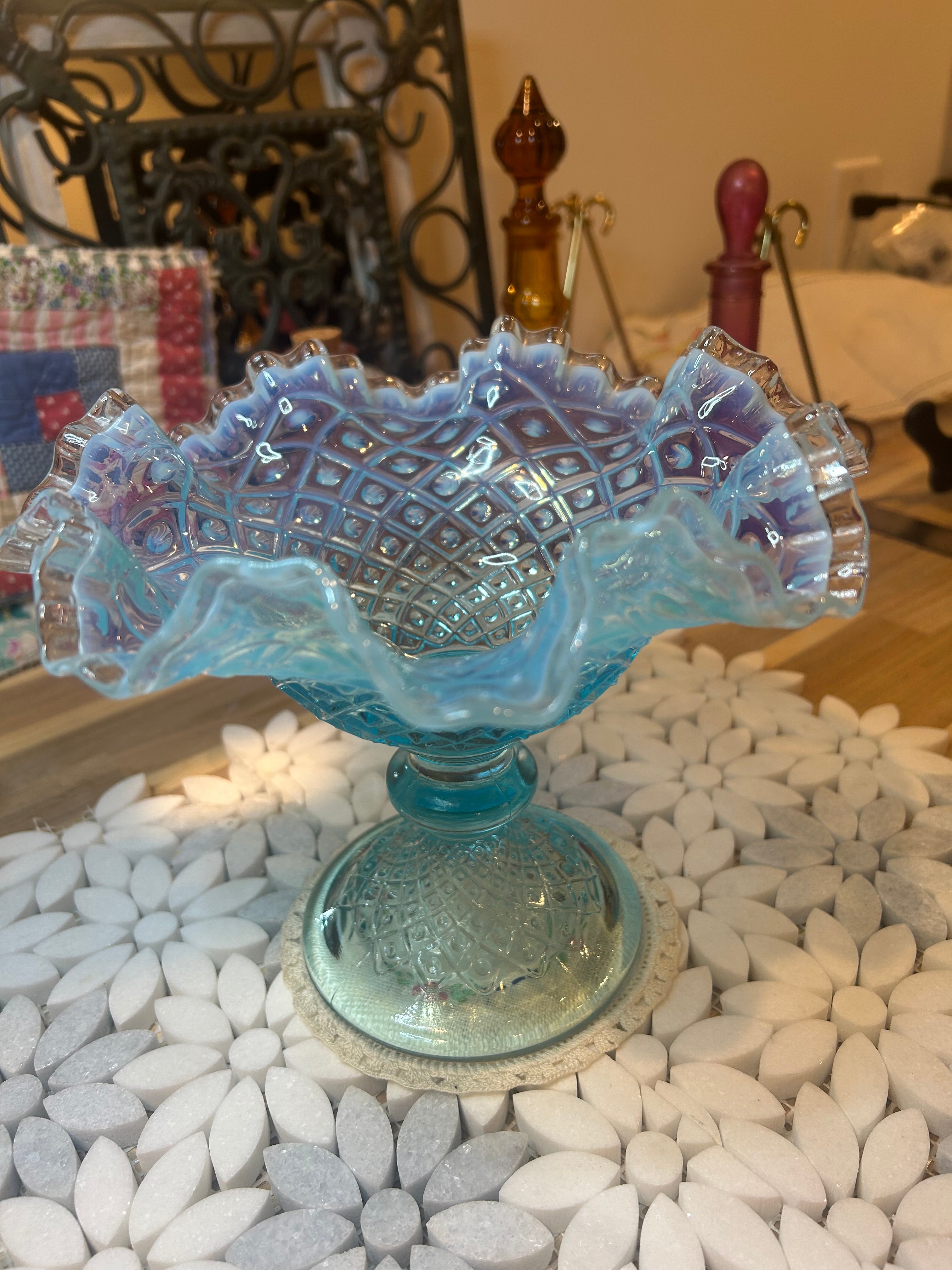 Fenton Diamond Lace Blue Opalescent Glass Compote