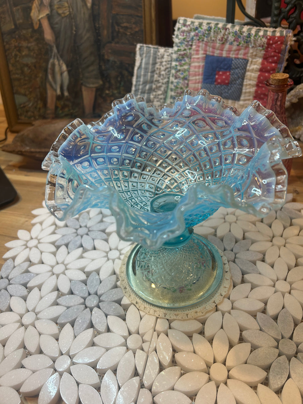 Fenton Diamond Lace Blue Opalescent Glass Compote