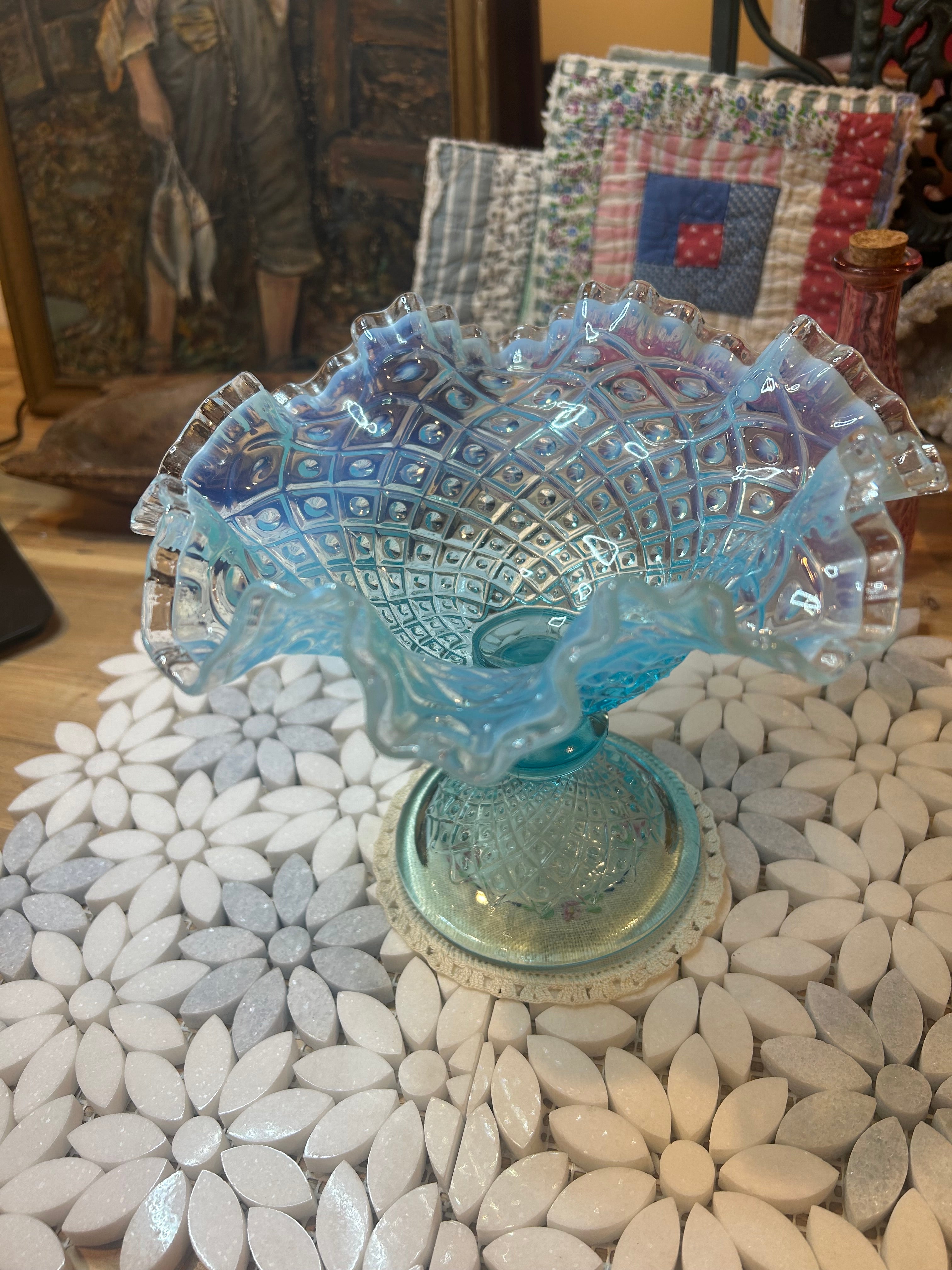 Fenton Diamond Lace Blue Opalescent Glass Compote