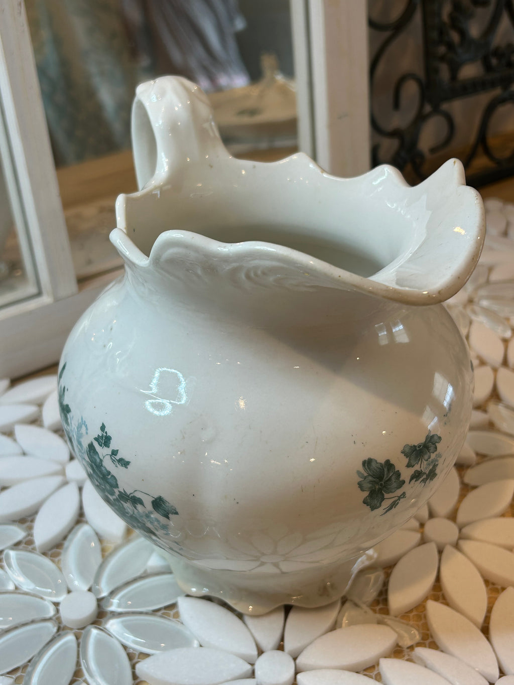 White Porcelain Tureen Set and Creamer with green floral
transferware