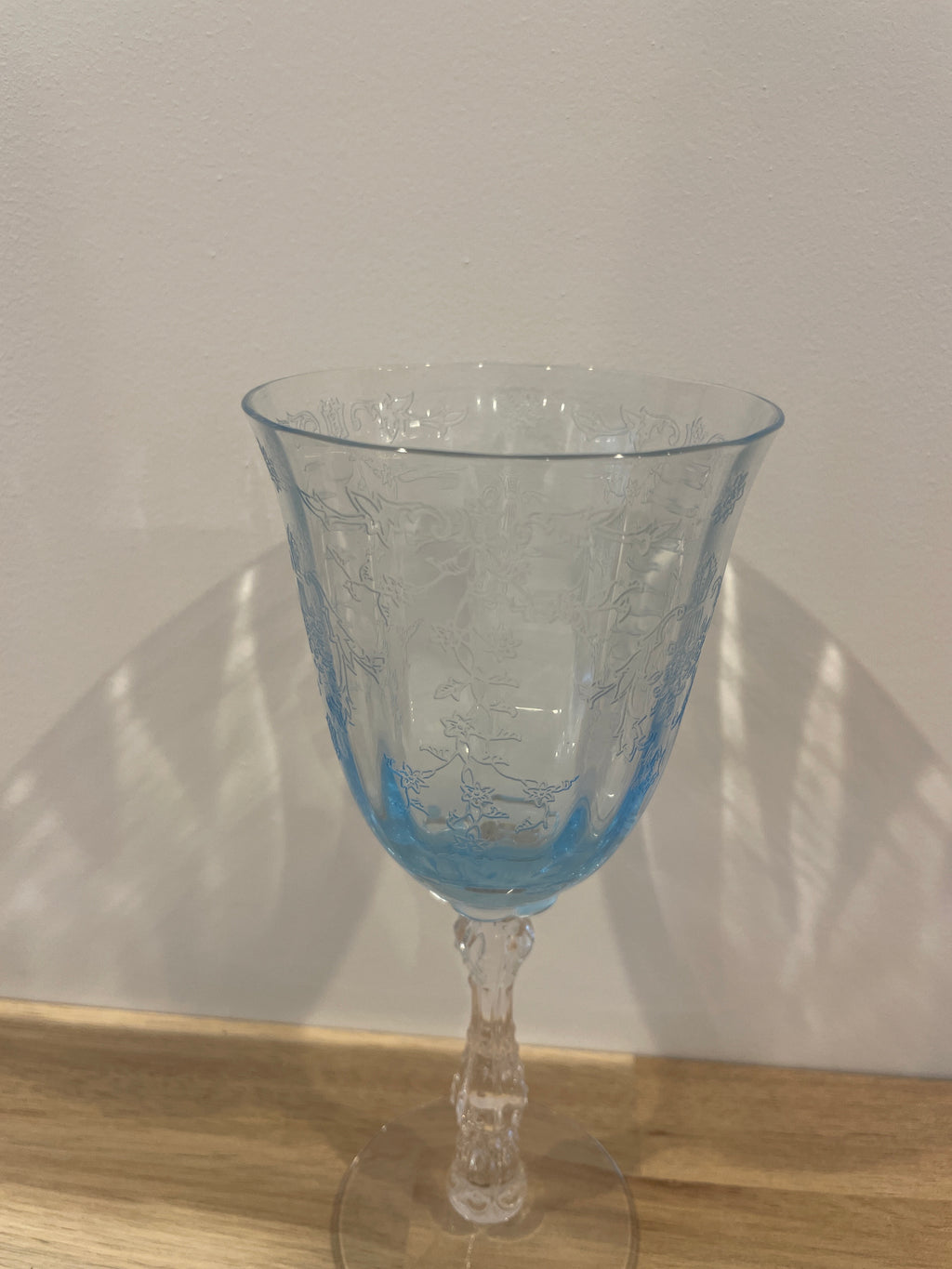 Set of 3 Fostoria Navarre Blue Water Goblet Etched Glass