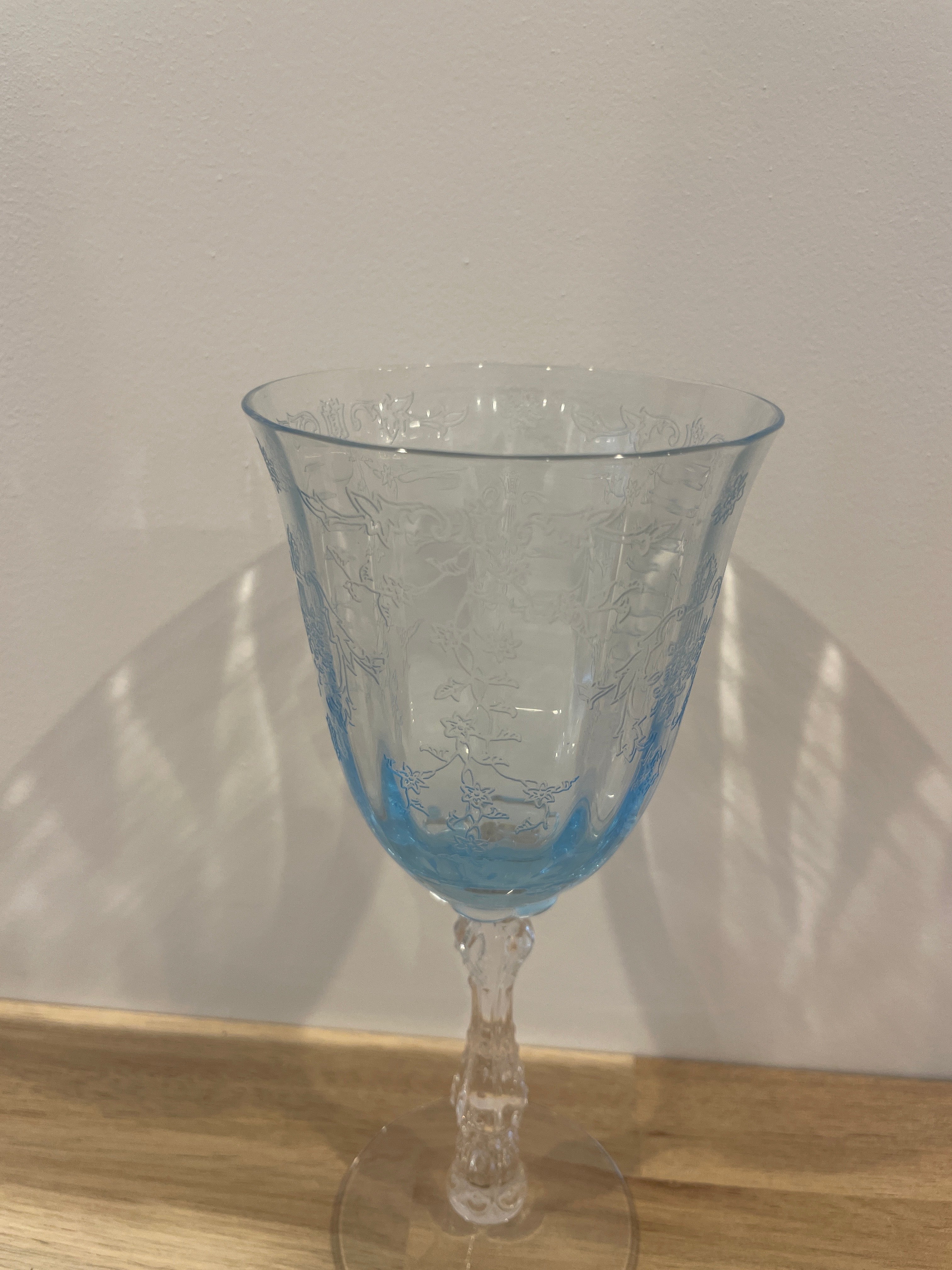 Set of 3 Fostoria Navarre Blue Water Goblet Etched Glass