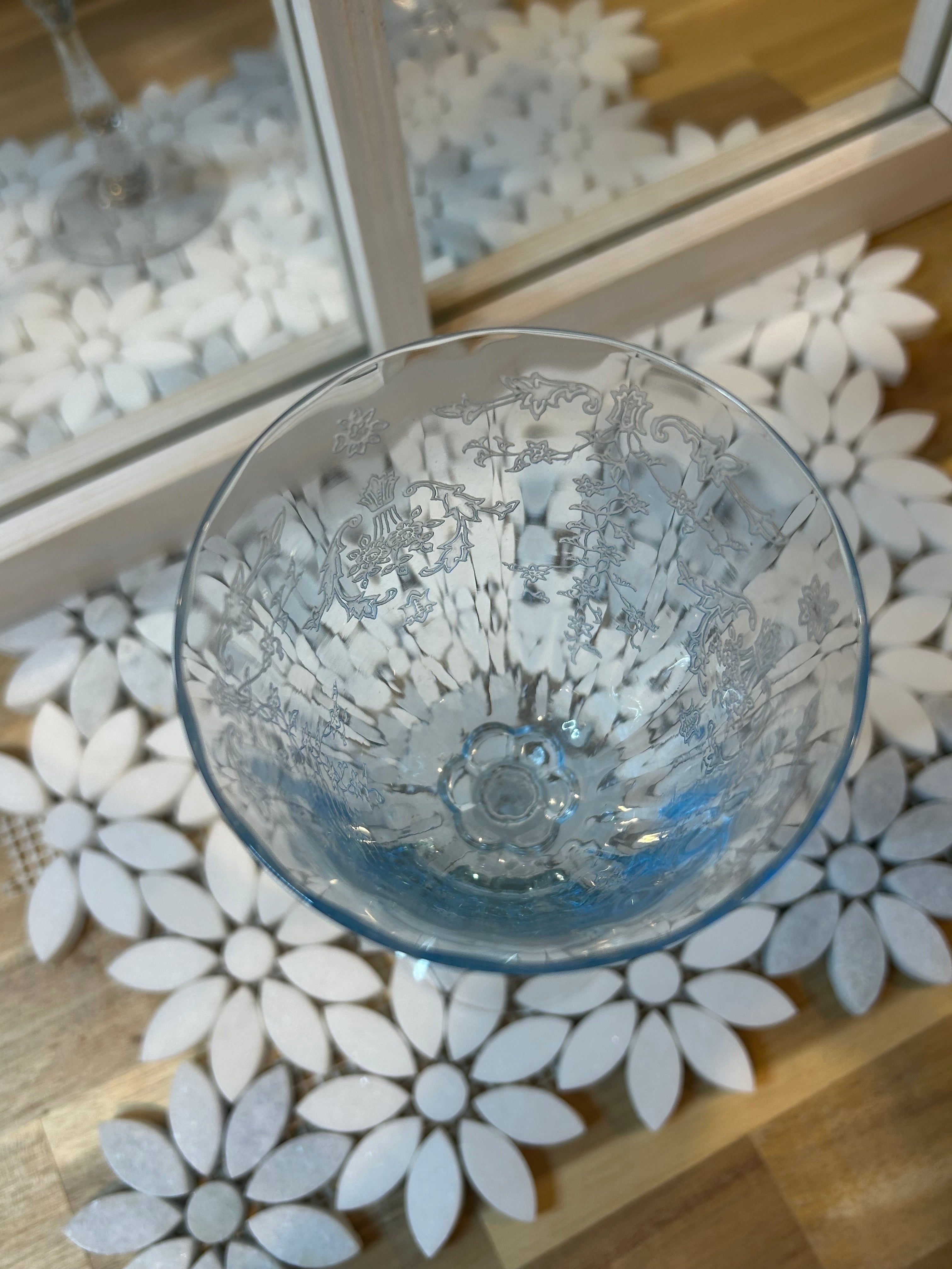 Set of 3 Fostoria Navarre Blue Water Goblet Etched Glass