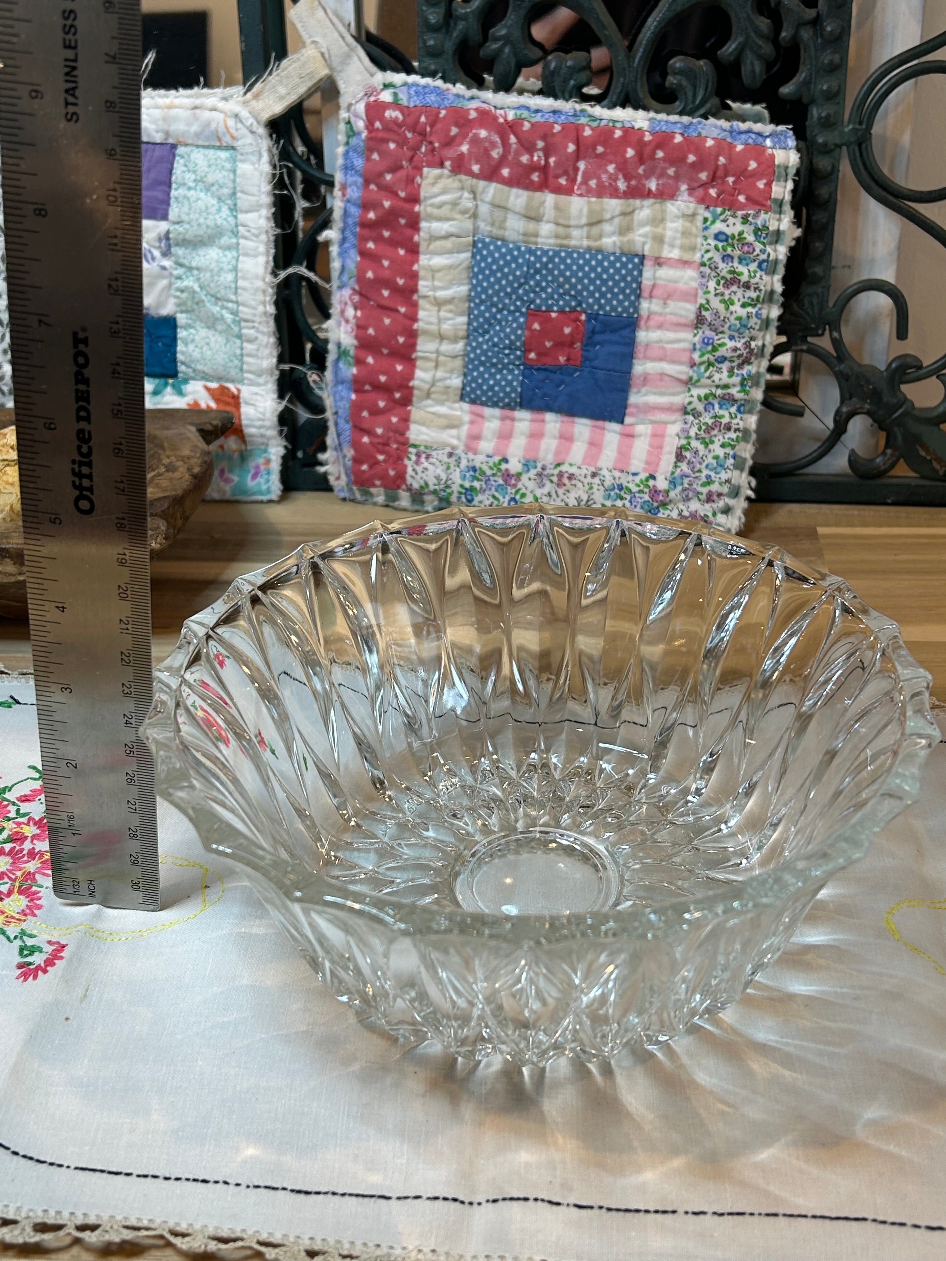 Diamond Cut Clear Glass Serving Bowl Vintage