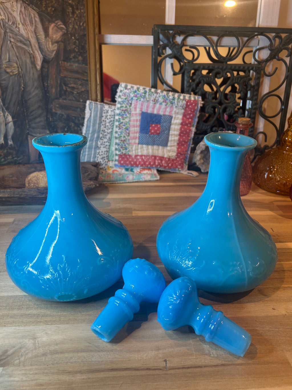 Blue Opaline Glass Decanters - Pair