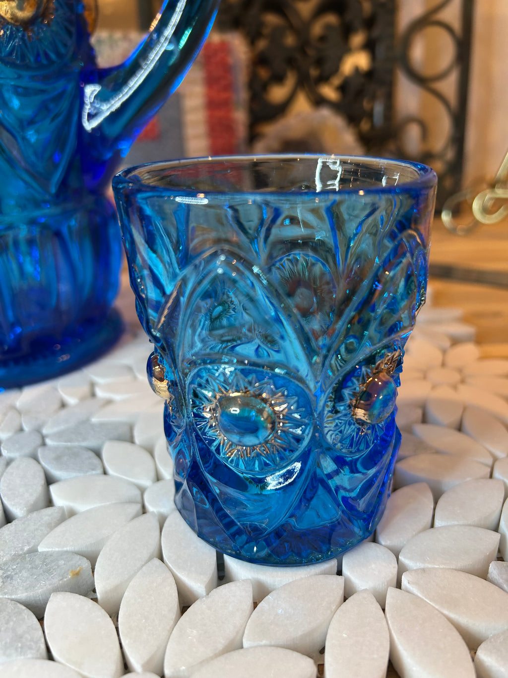 Five-Piece EAPG Blue Glassware Set-Antique