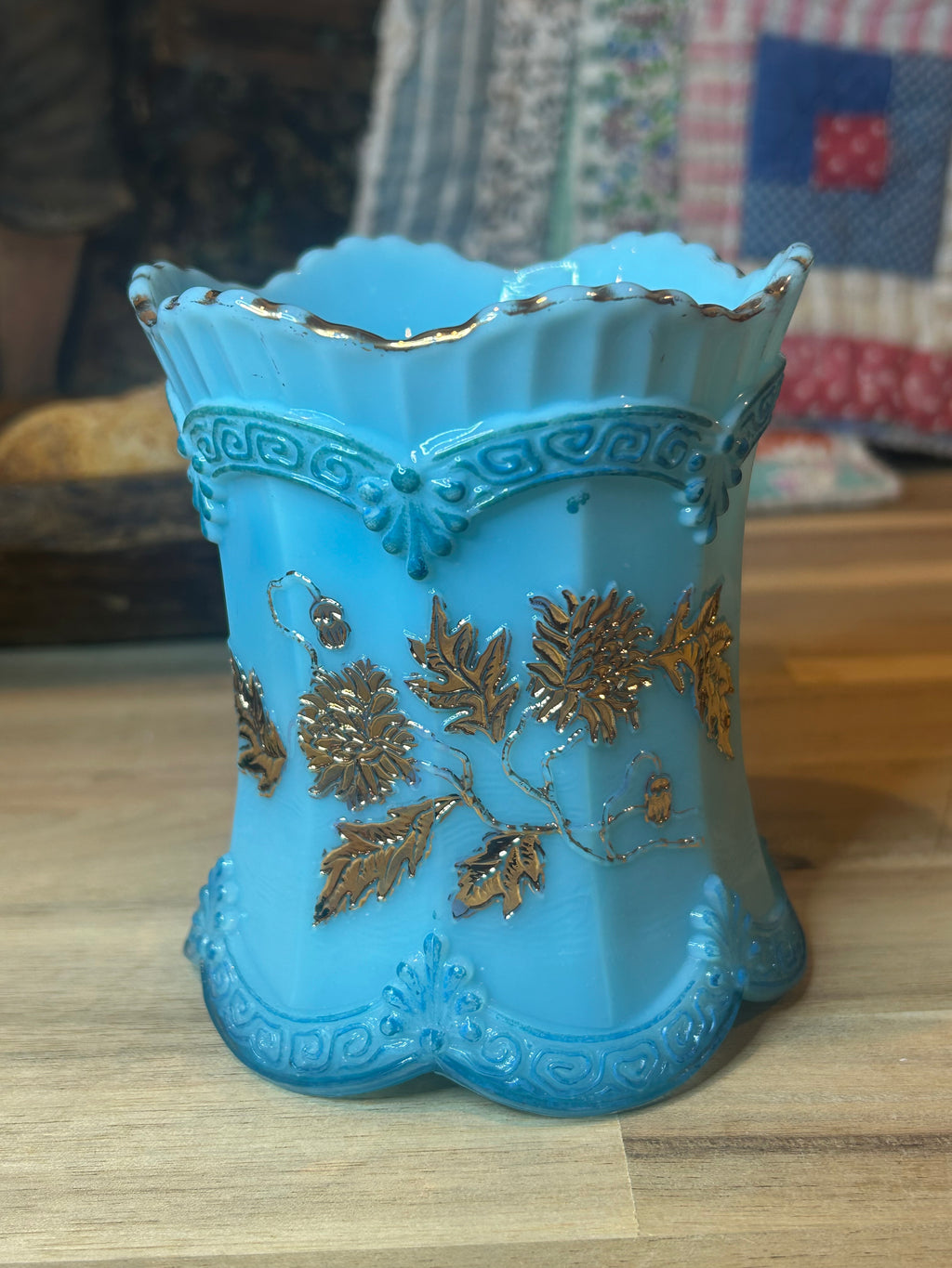 Northwood Blue Custard Glass Spooner with Gold Chrysanthemum Sprigs