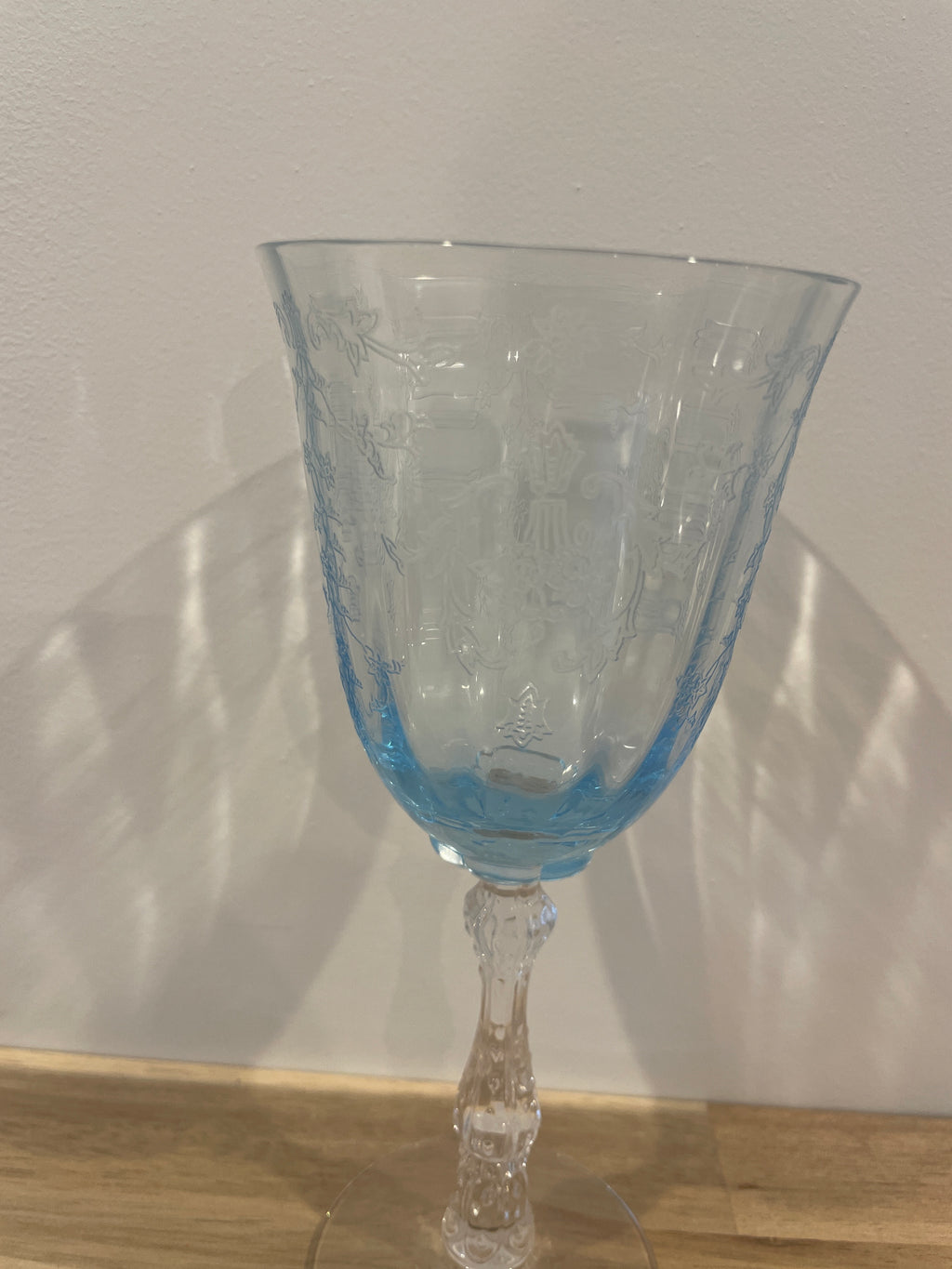 Set of 3 Fostoria Navarre Blue Water Goblet Etched Glass