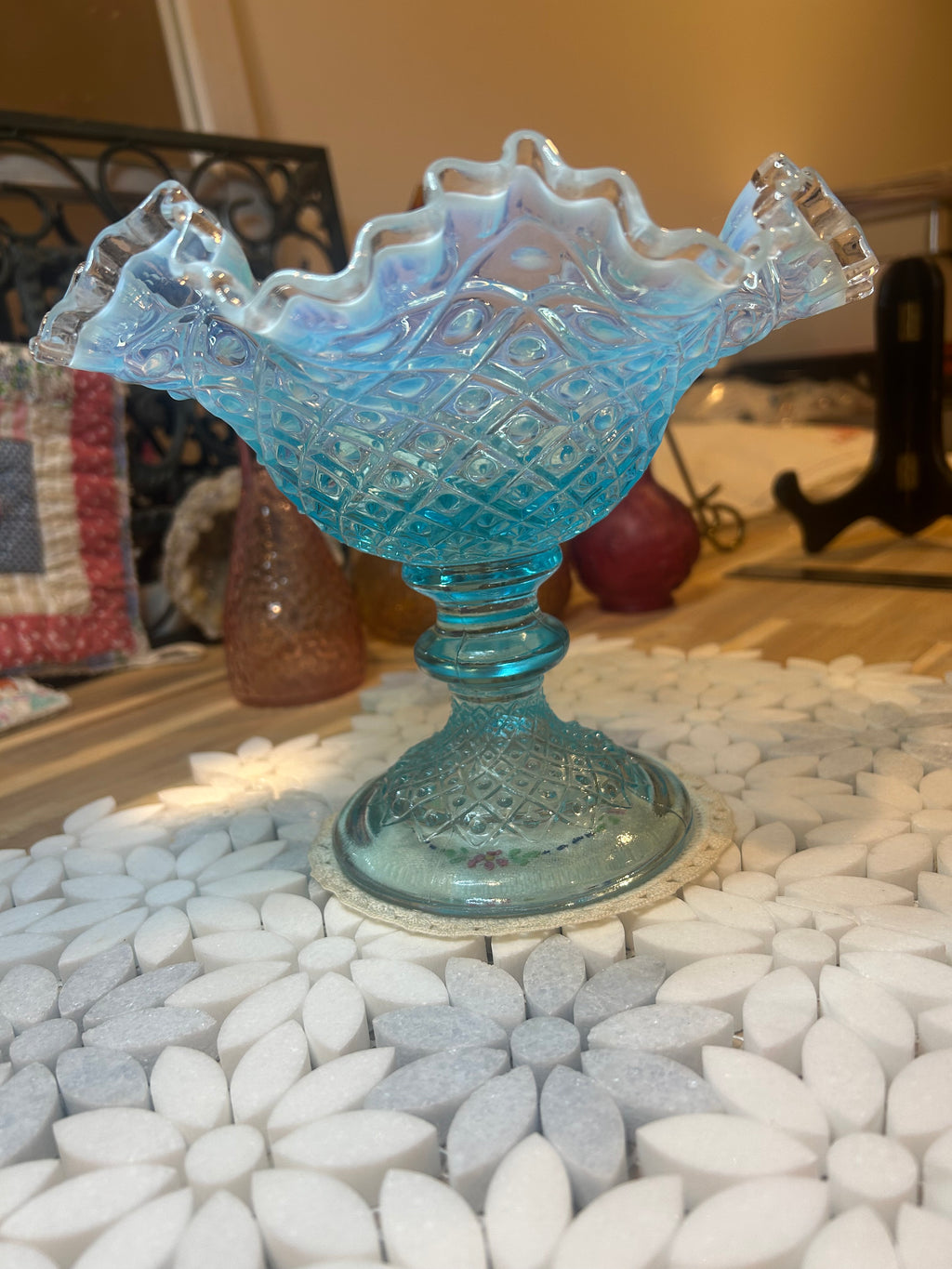 Fenton Diamond Lace Blue Opalescent Glass Compote
