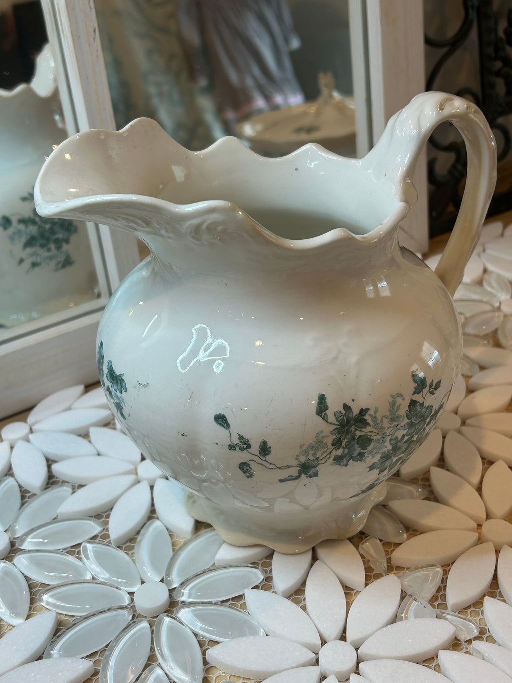 White Porcelain Tureen Set and Creamer with green floral
transferware
