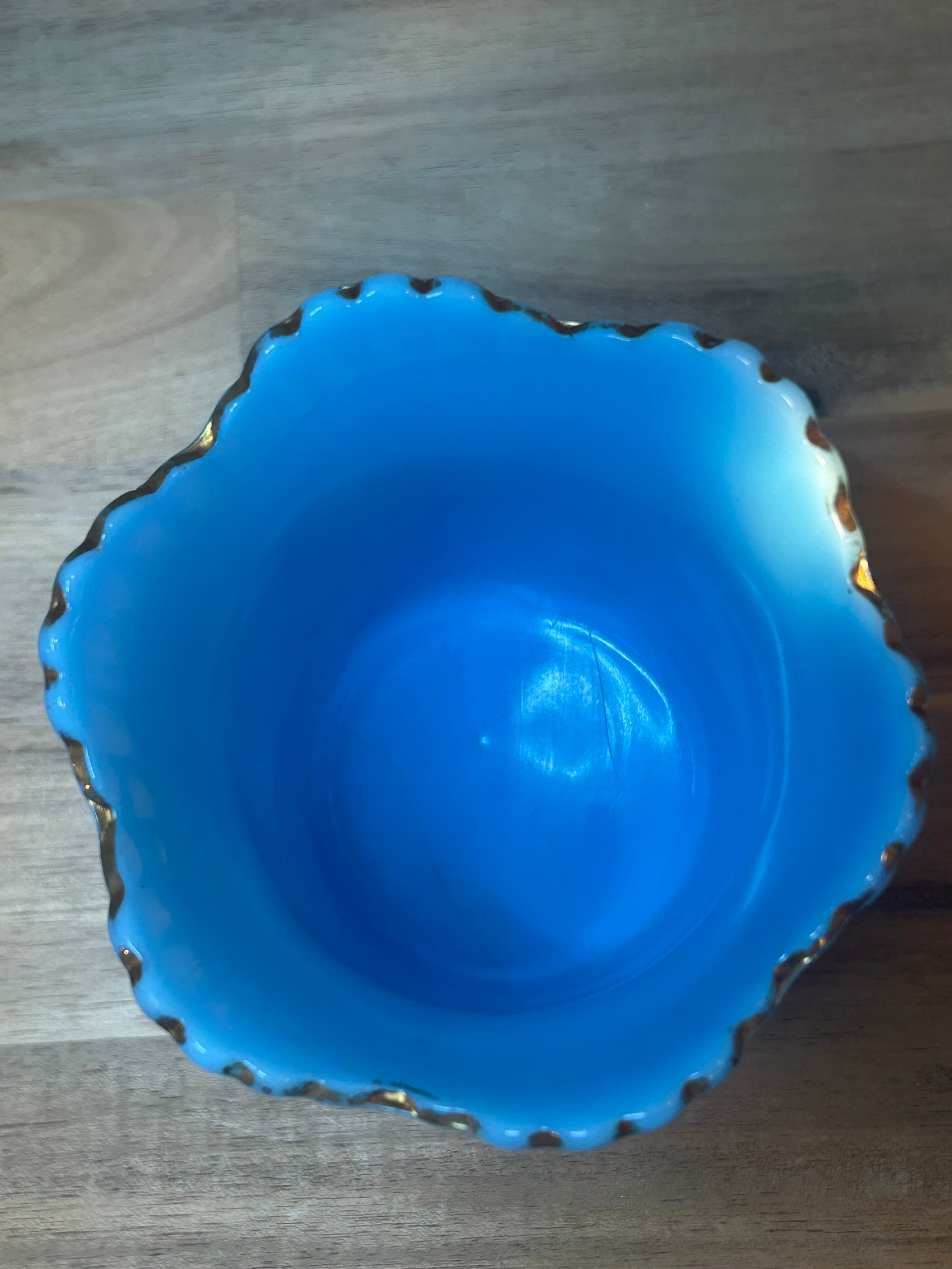 Northwood Blue Custard Glass Spooner with Gold Chrysanthemum Sprigs