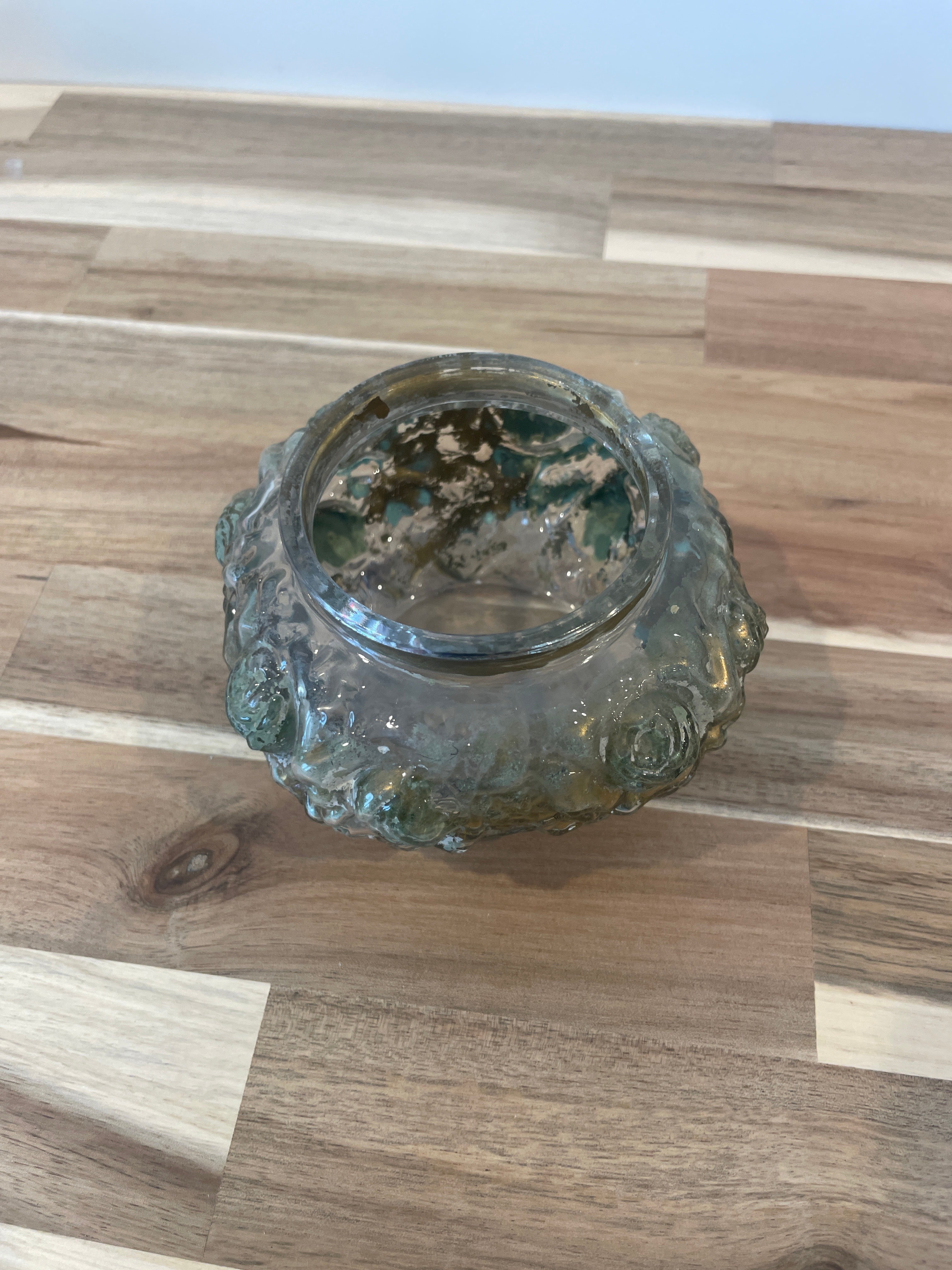 Vintage Victorian Gilt Rose Trinket Vanity Powder Puff Box Goofus Glass