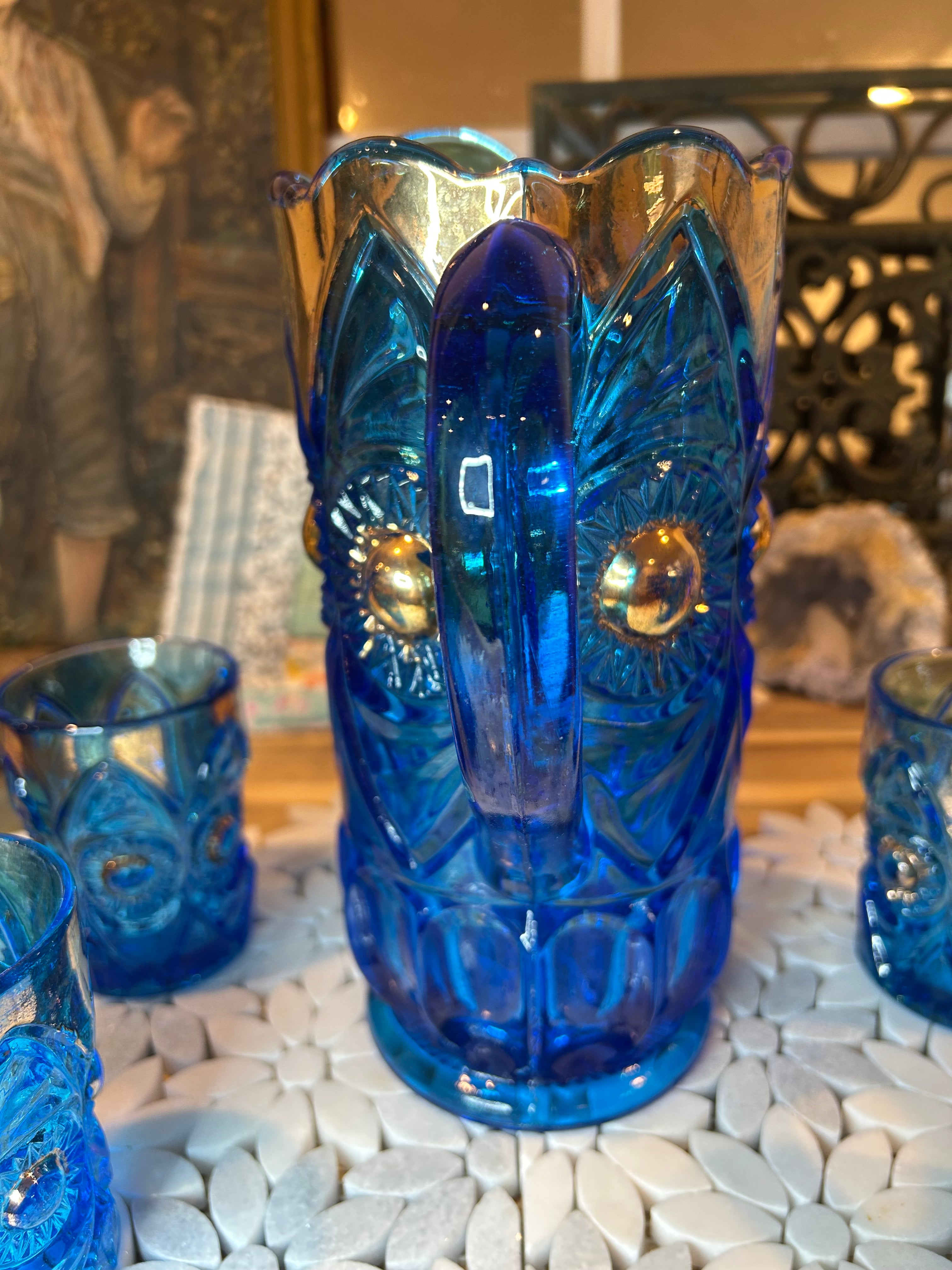 Five-Piece EAPG Blue Glassware Set-Antique