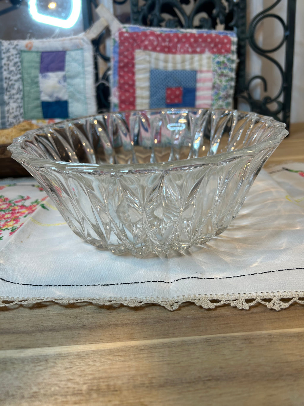 Diamond Cut Clear Glass Serving Bowl Vintage