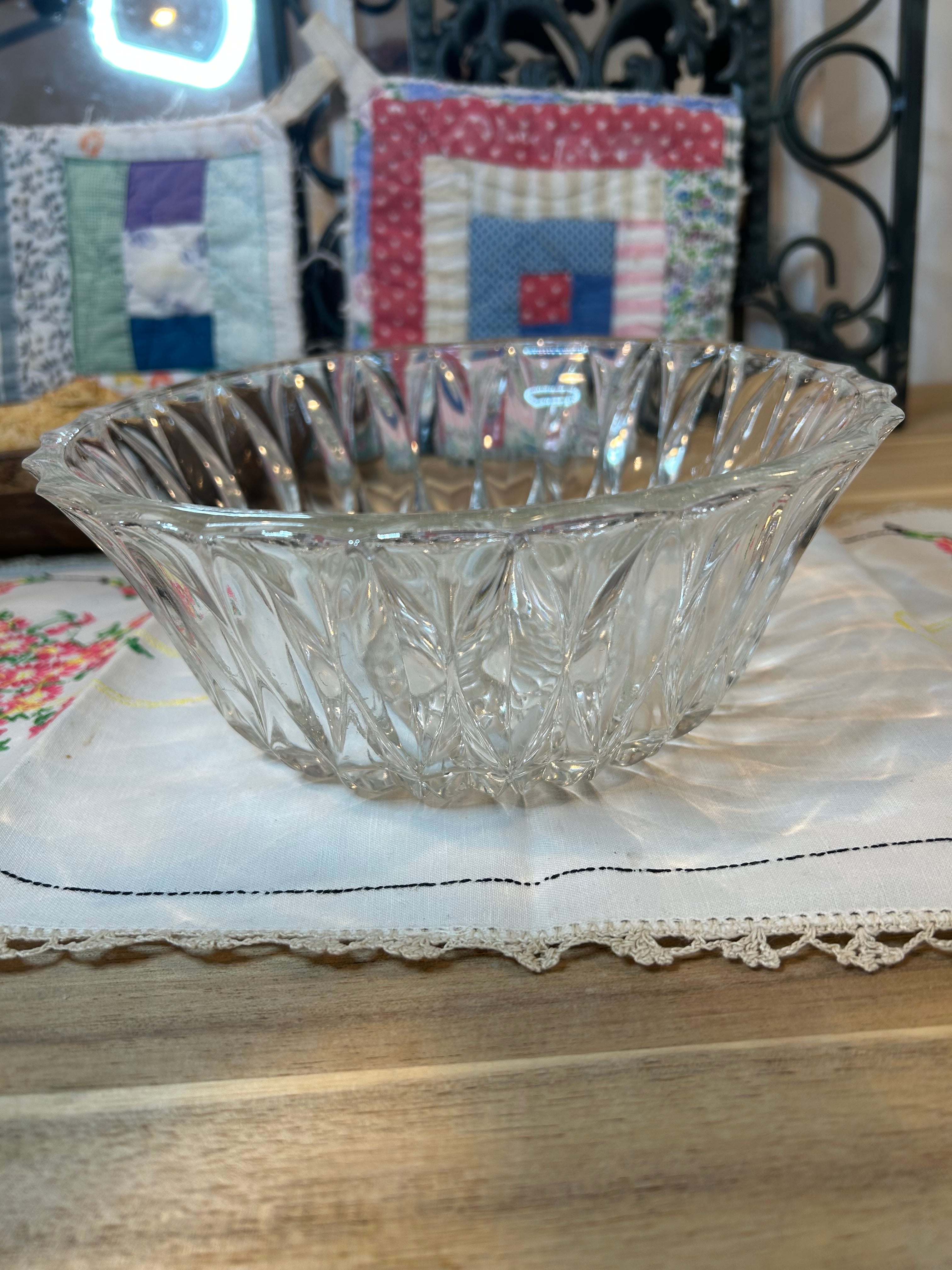 Diamond Cut Clear Glass Serving Bowl Vintage