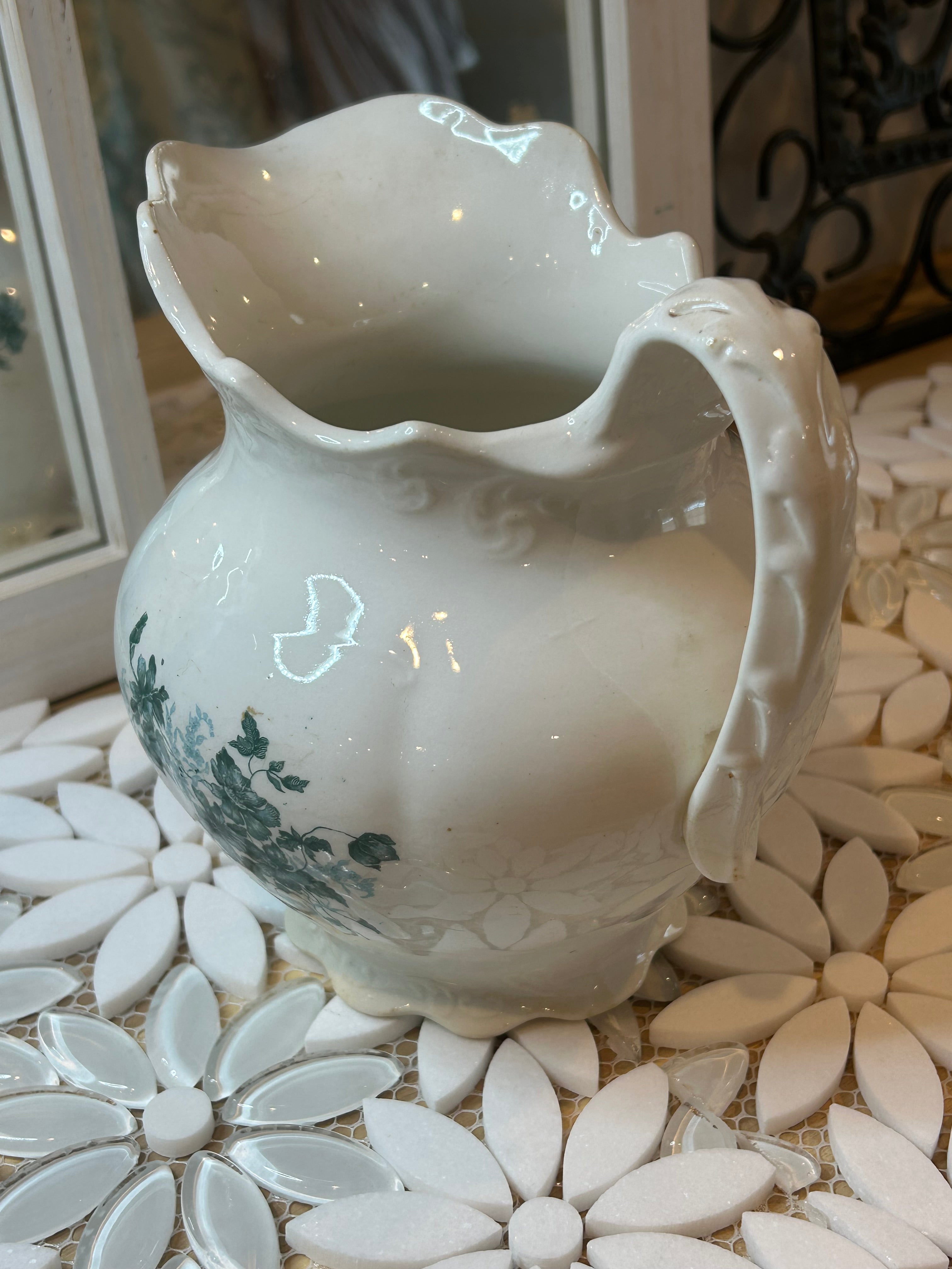 White Porcelain Tureen Set and Creamer with green floral
transferware