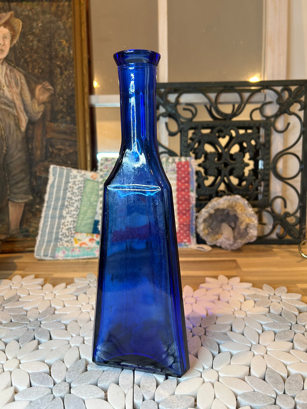 Vintage Triangular Cobalt Glass Bottle
