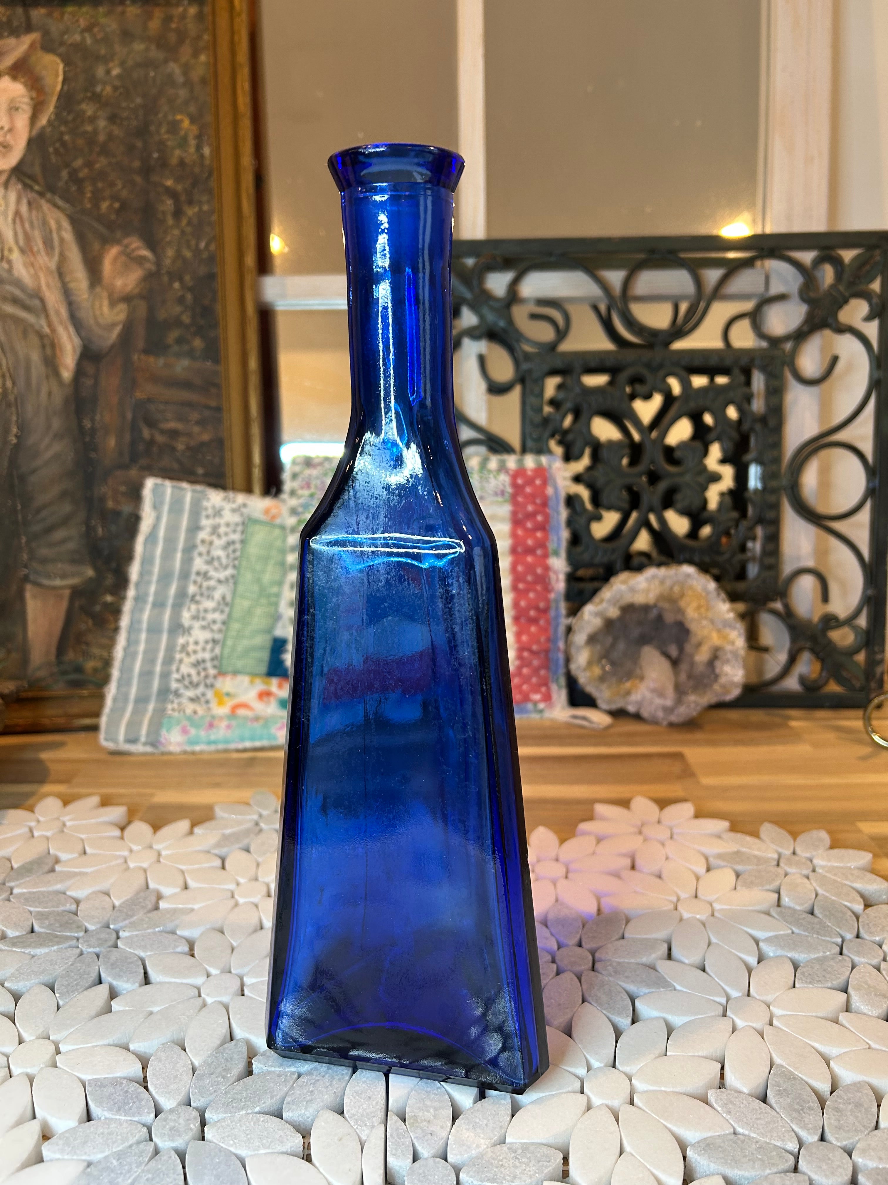 Vintage Triangular Cobalt Glass Bottle
