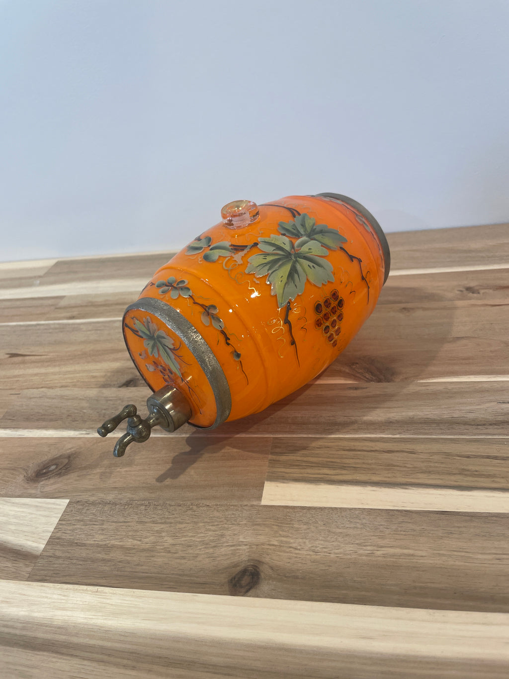 Vintage Italian Glass Whiskey Barrel Dispenser Hand Painted Grapes