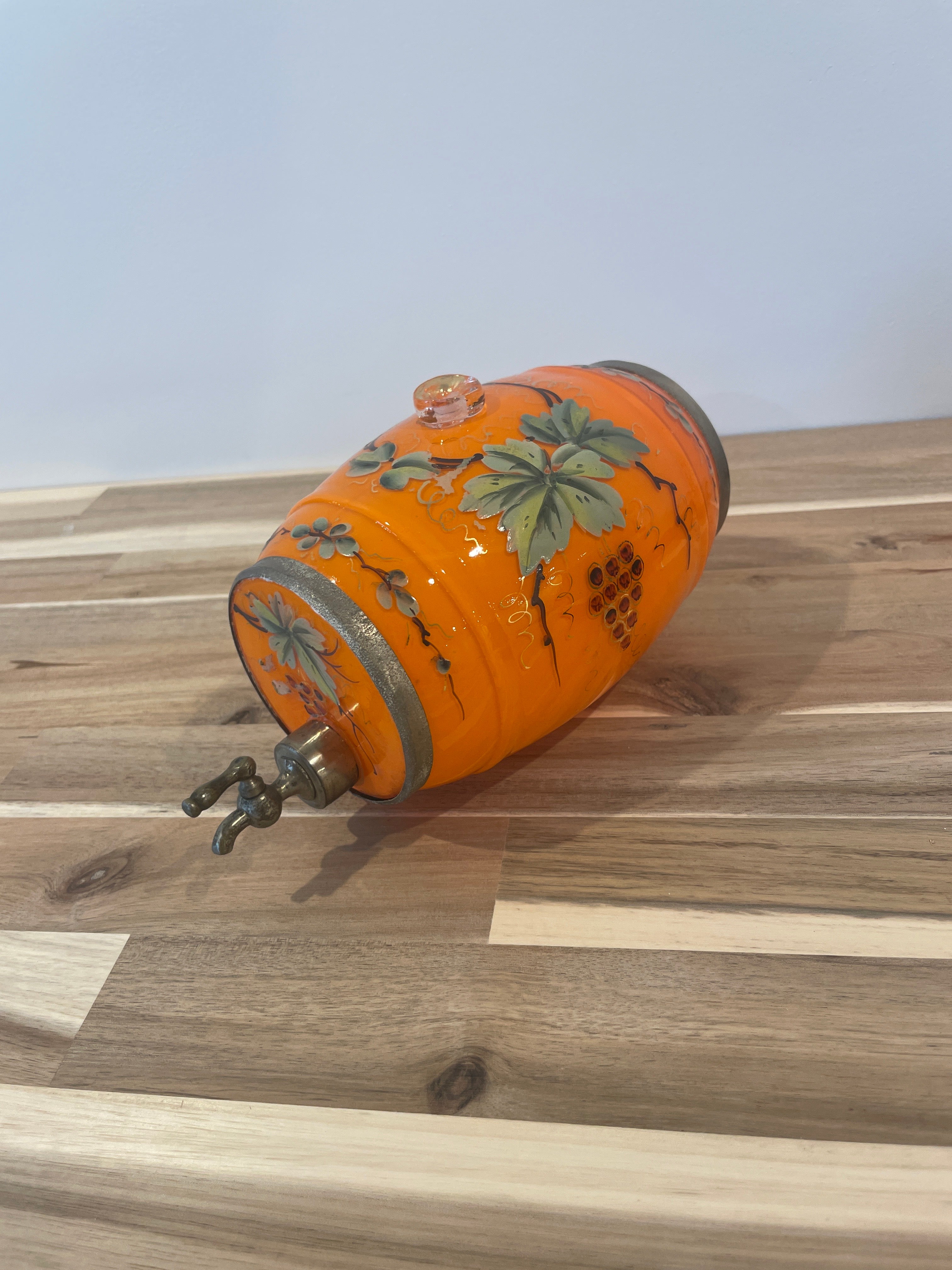 Vintage Italian Glass Whiskey Barrel Dispenser Hand Painted Grapes