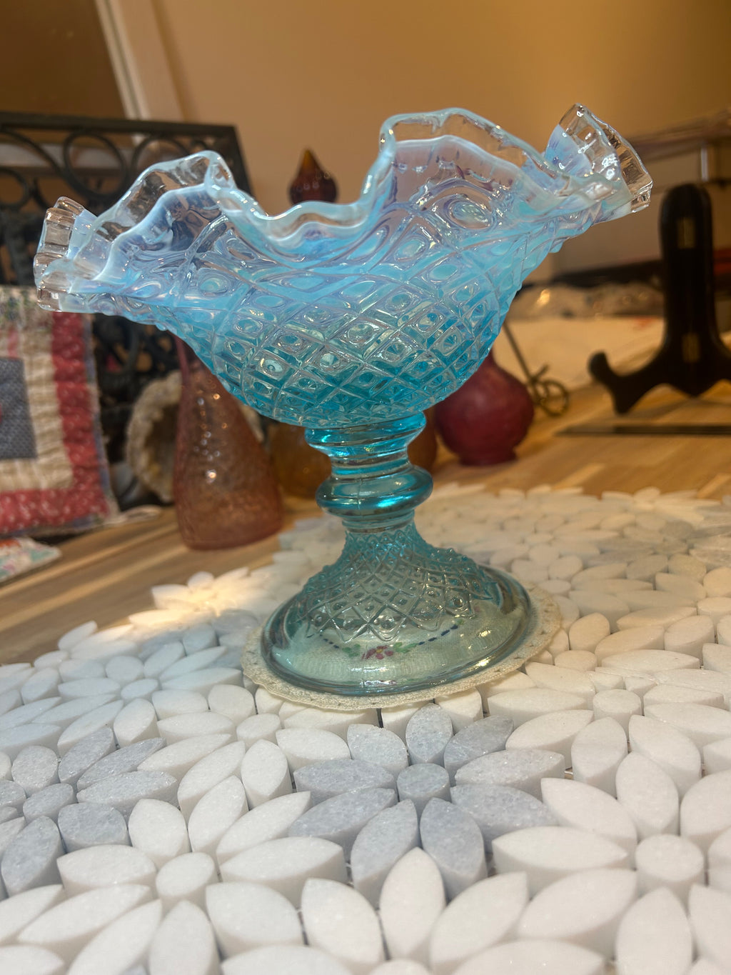 Fenton Diamond Lace Blue Opalescent Glass Compote