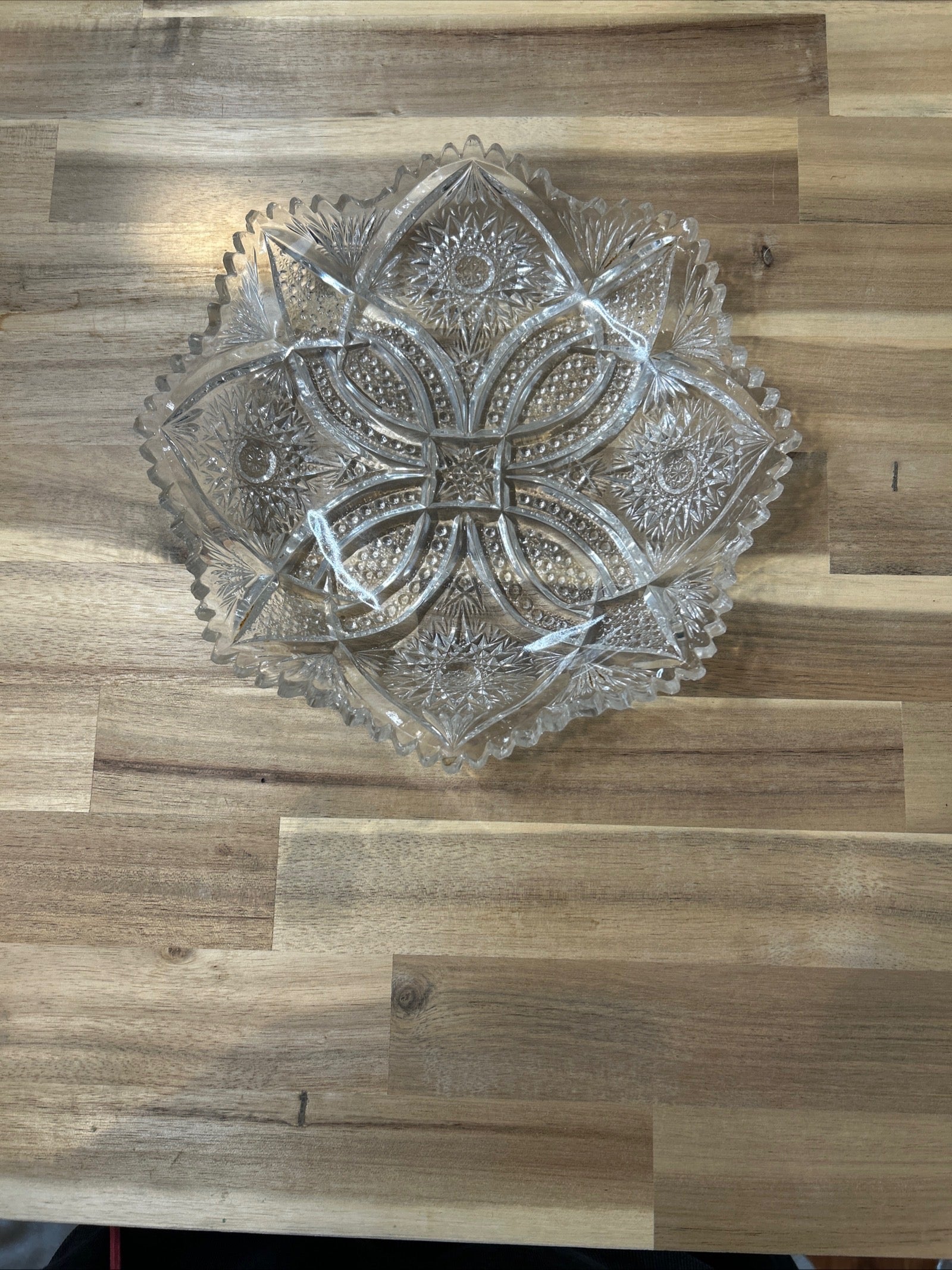 American Brilliant Period Cut Crystal Bowl with Starburst Pattern Antique