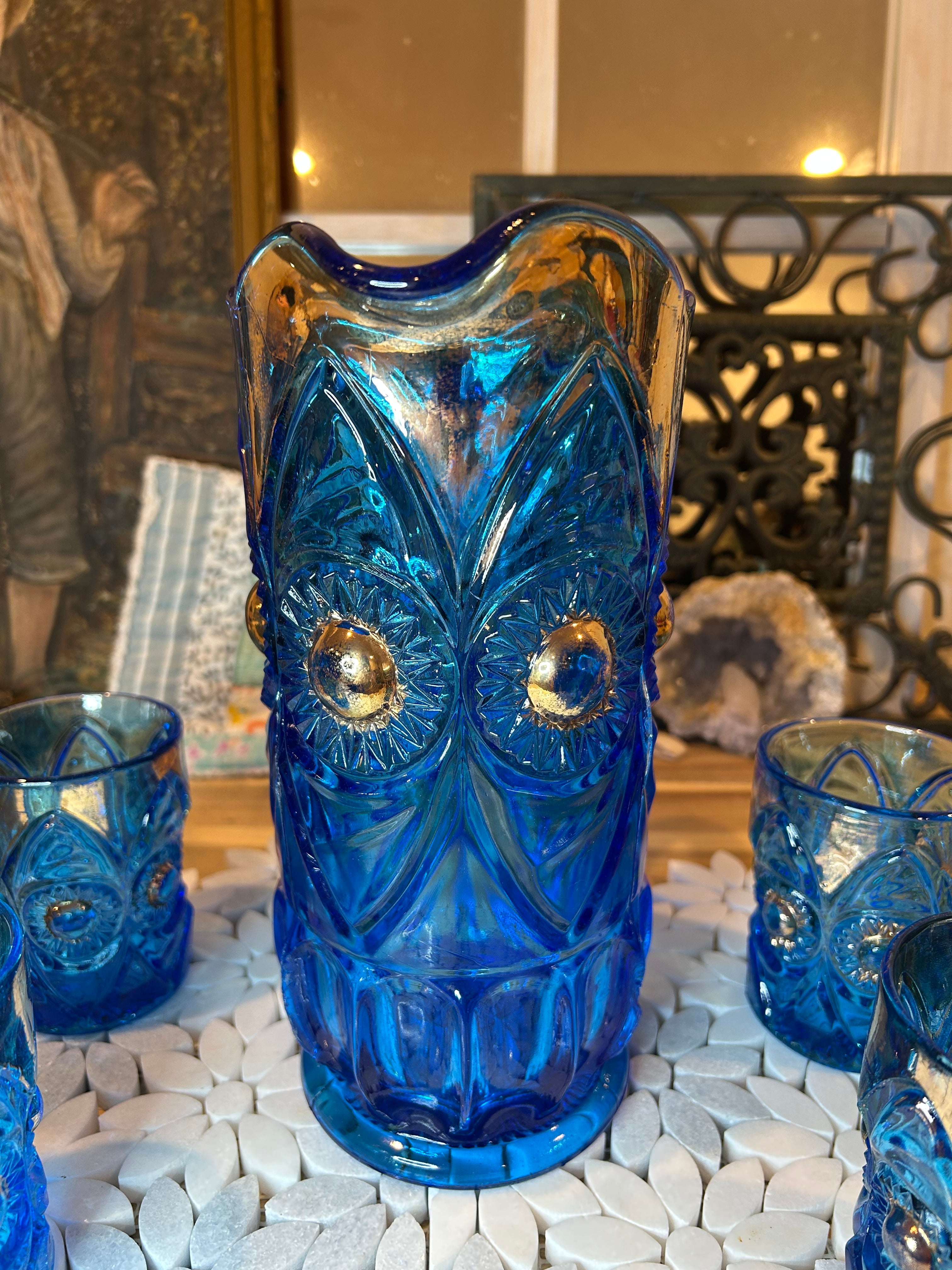 Five-Piece EAPG Blue Glassware Set-Antique