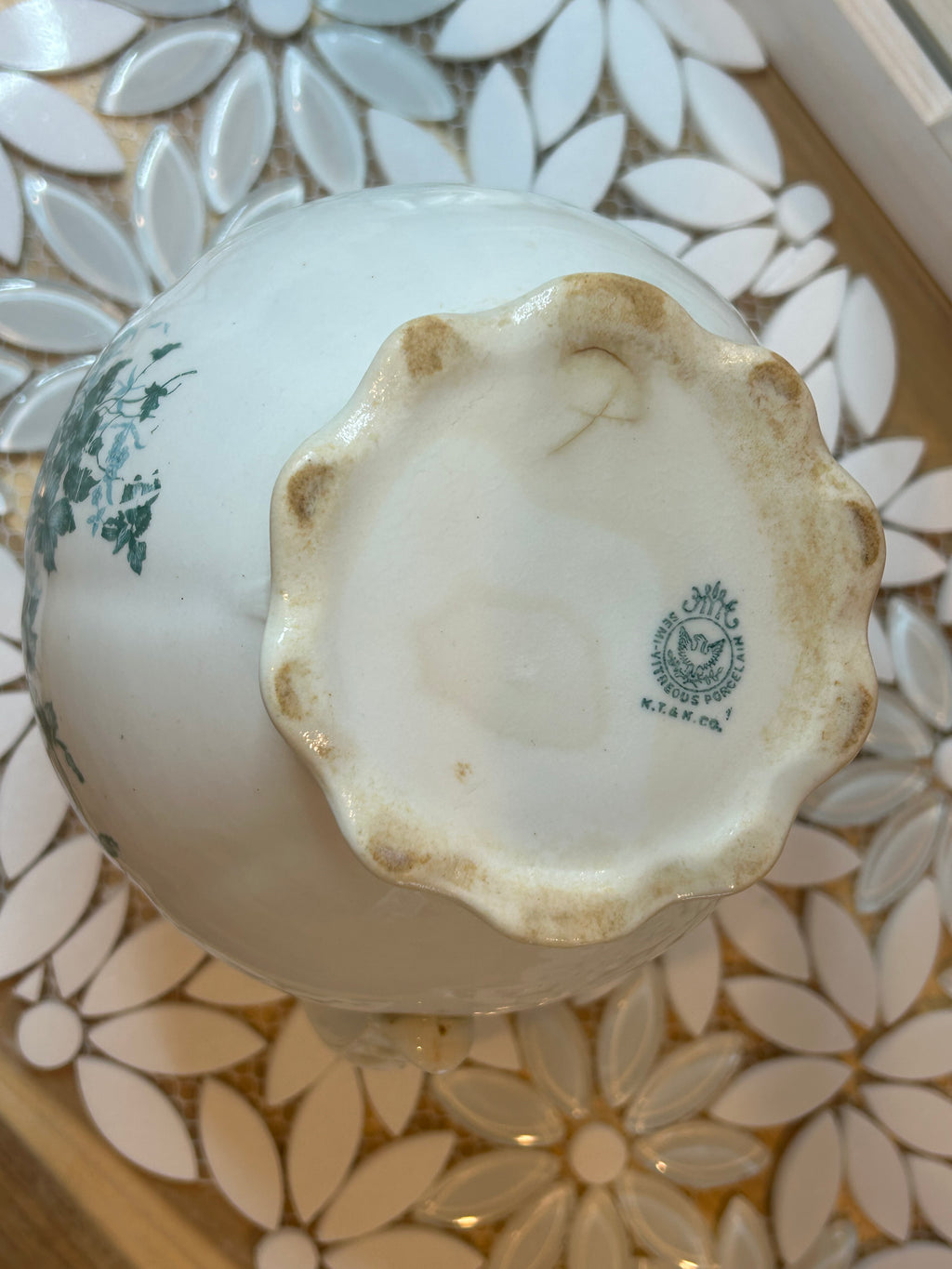 White Porcelain Tureen Set and Creamer with green floral
transferware