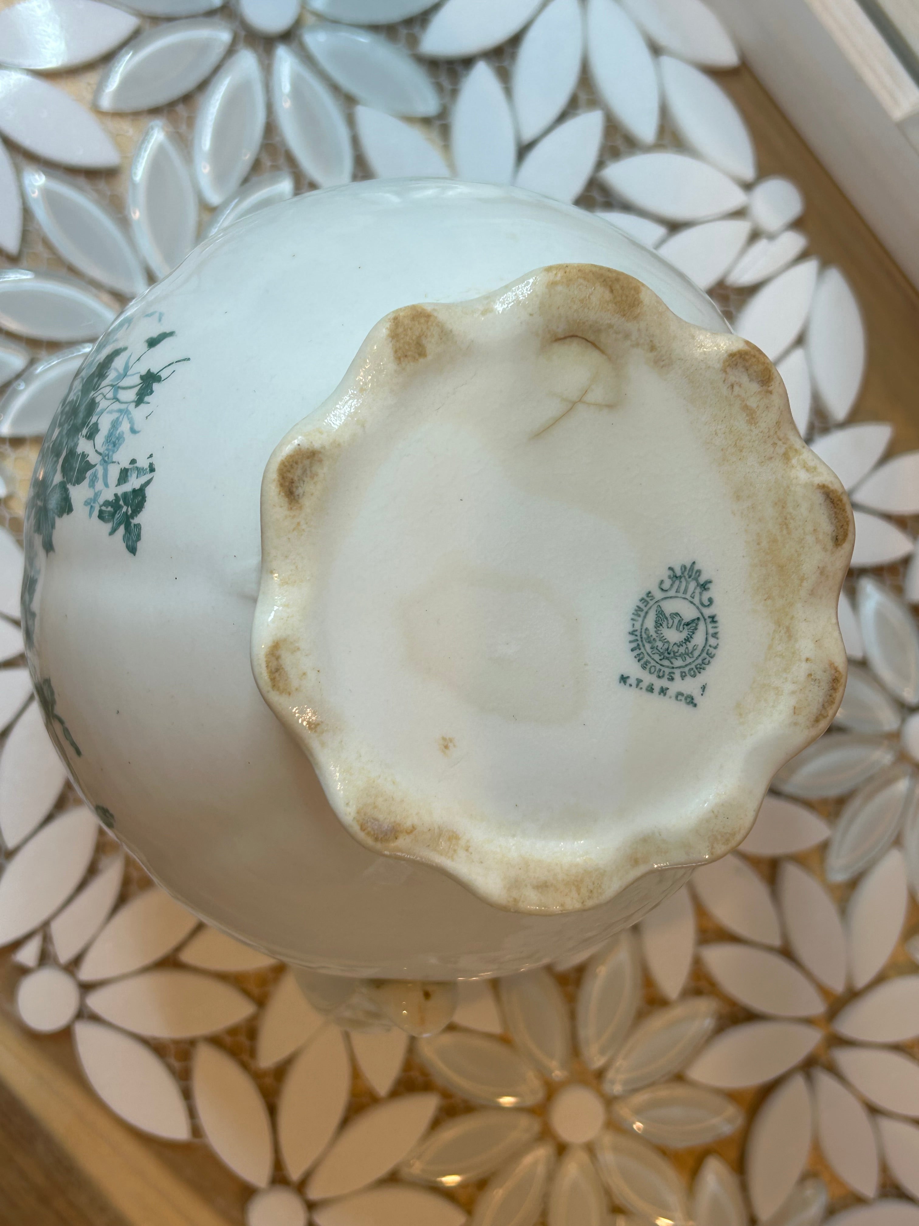 White Porcelain Tureen Set and Creamer with green floral
transferware