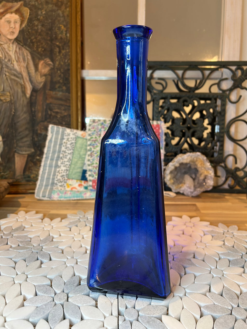 Vintage Triangular Cobalt Glass Bottle