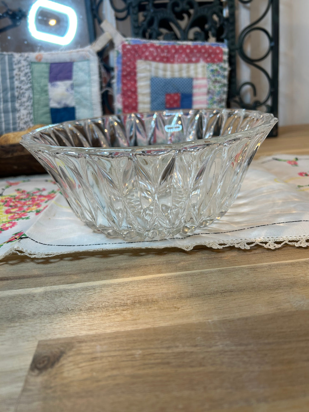 Diamond Cut Clear Glass Serving Bowl Vintage