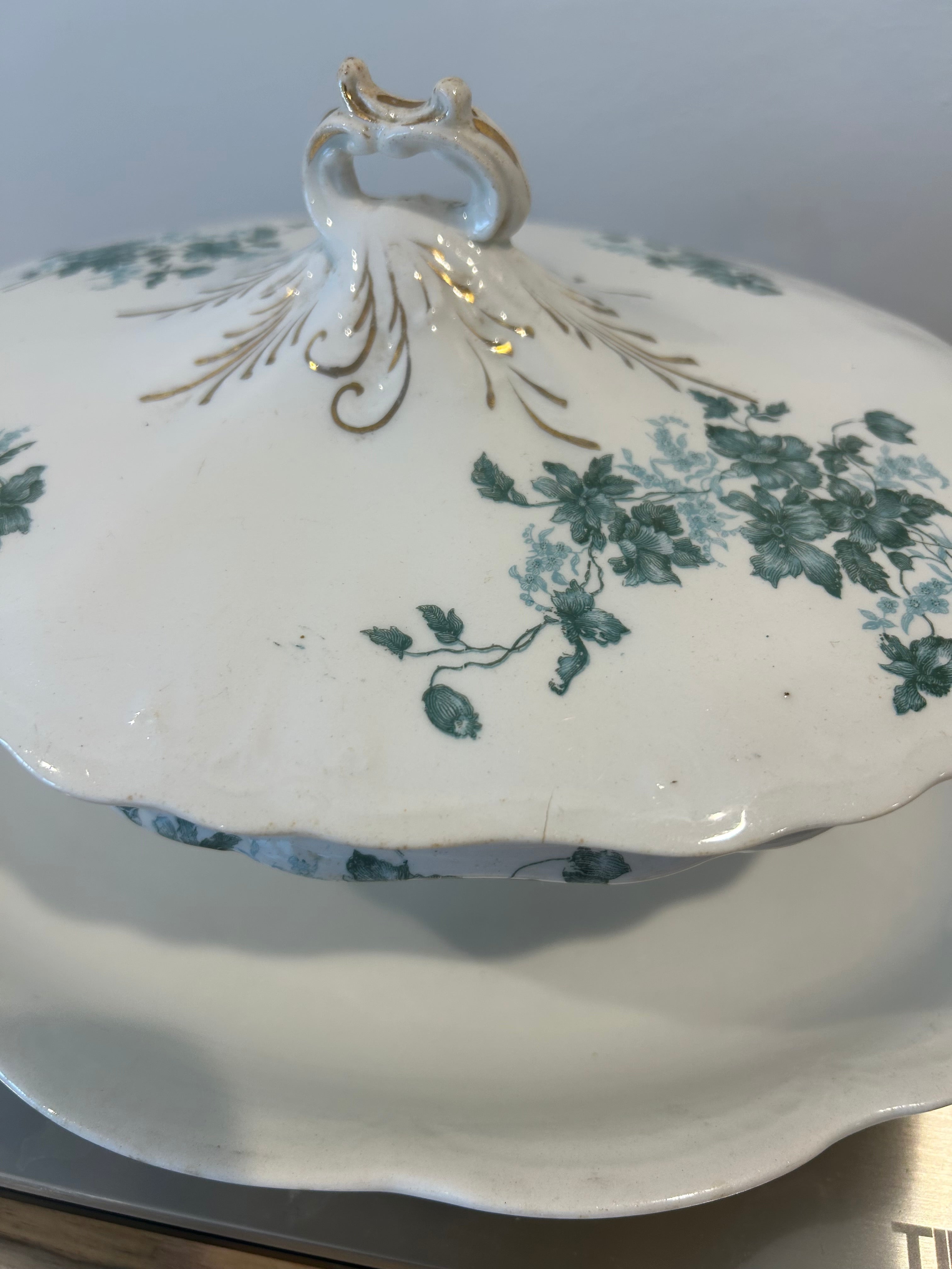 White Porcelain Tureen Set and Creamer with green floral
transferware