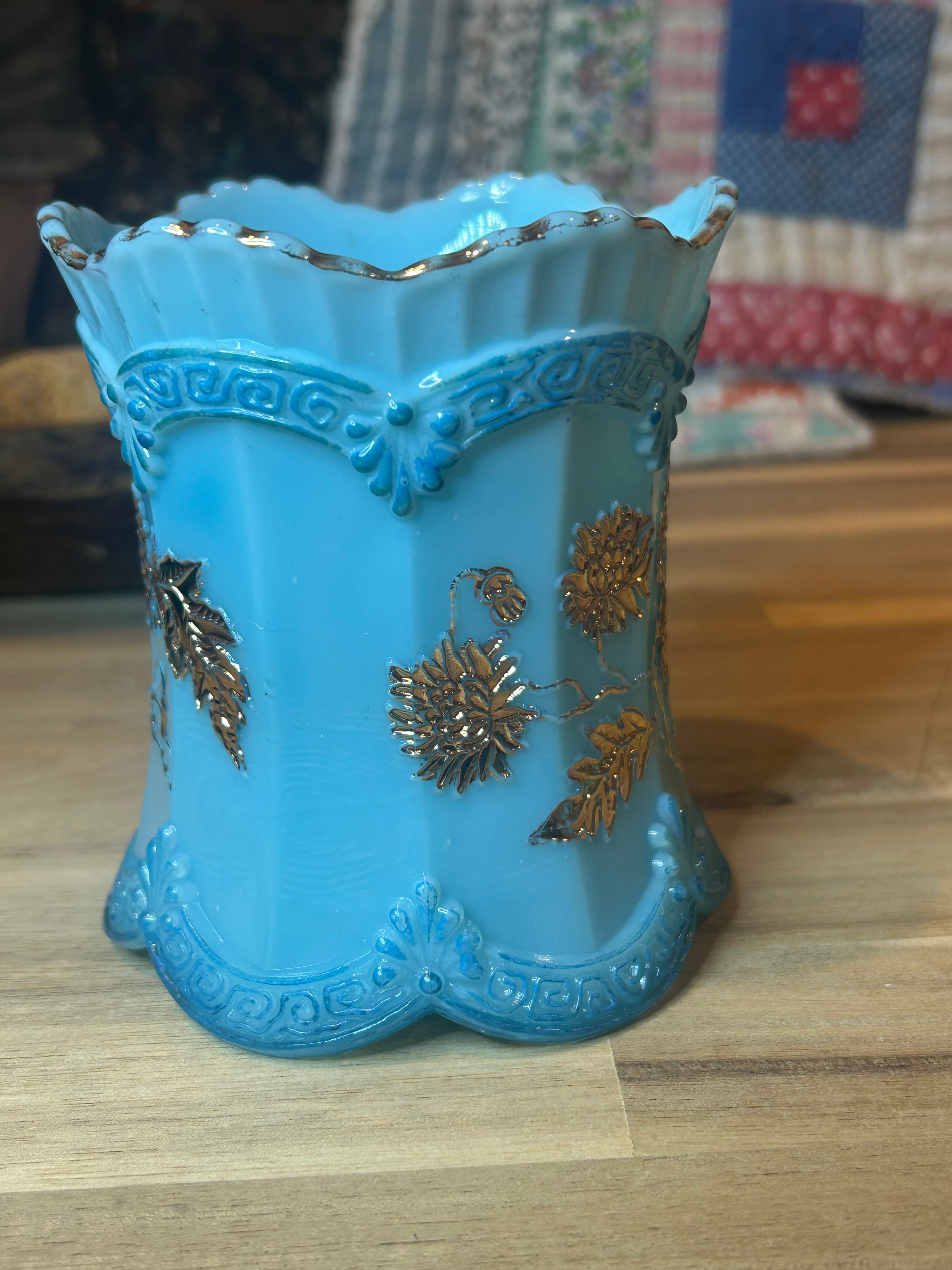 Northwood Blue Custard Glass Spooner with Gold Chrysanthemum Sprigs