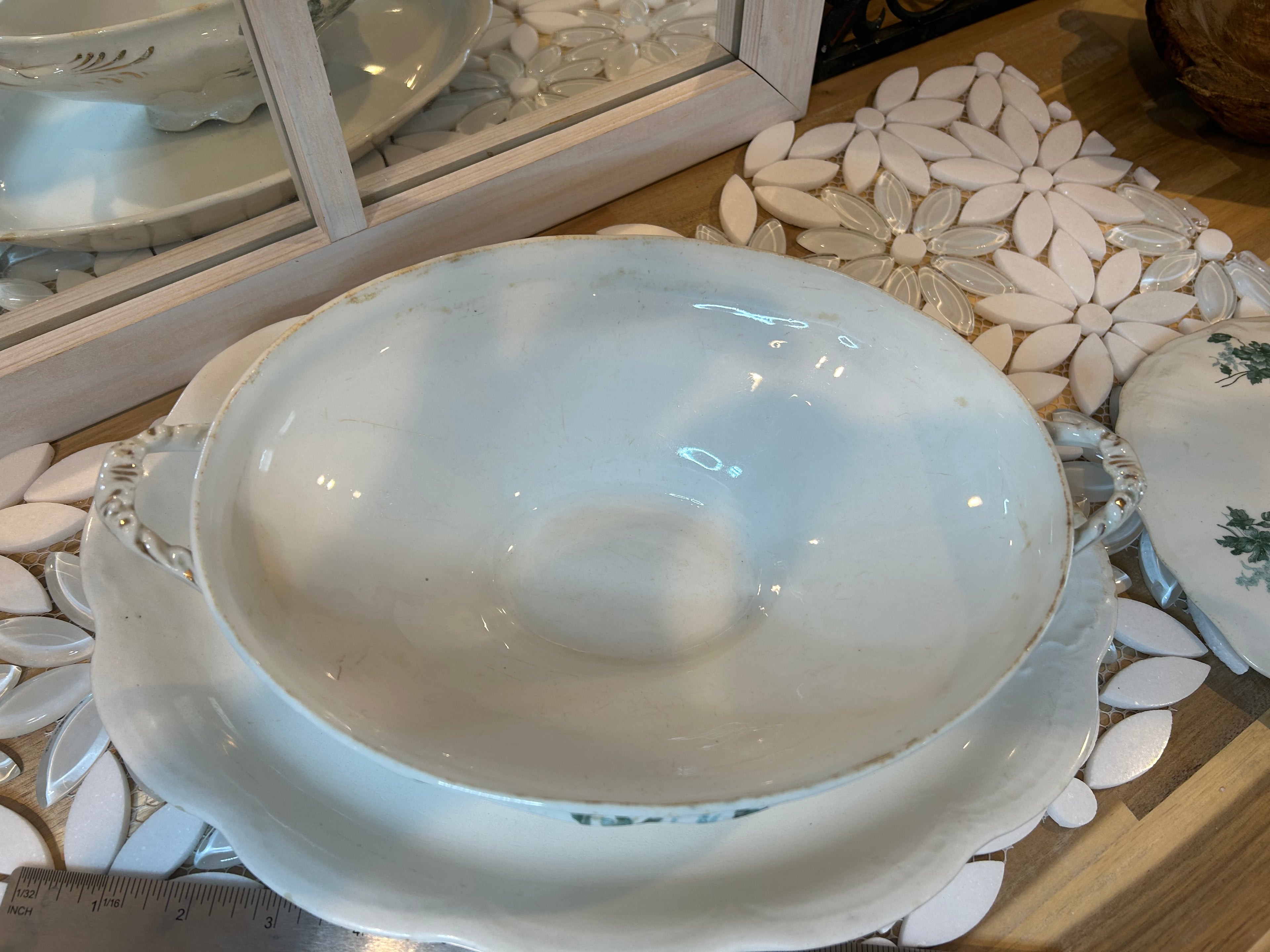 White Porcelain Tureen Set and Creamer with green floral
transferware