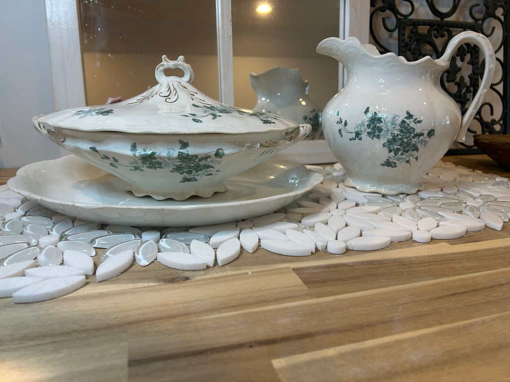White Porcelain Tureen Set and Creamer with green floral
transferware