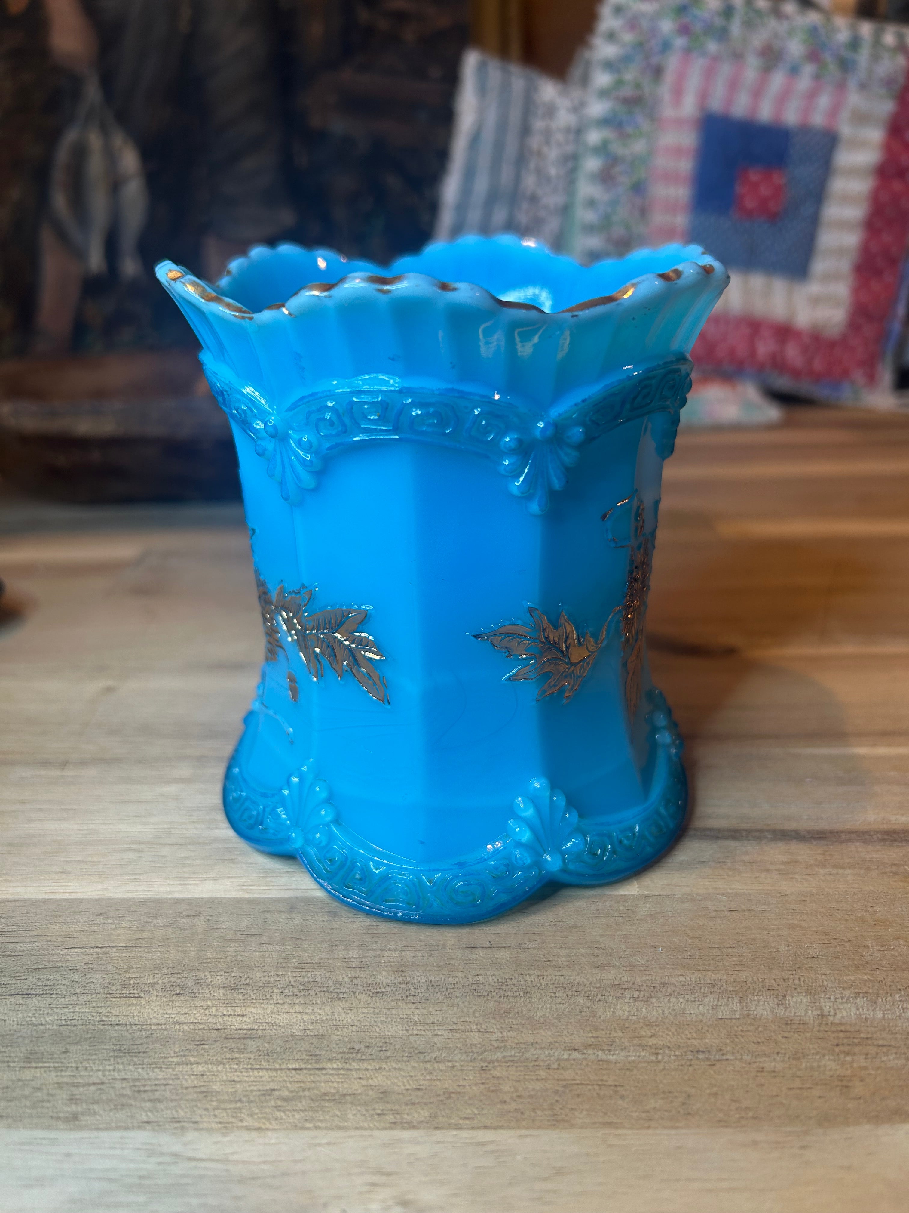 Northwood Blue Custard Glass Spooner with Gold Chrysanthemum Sprigs