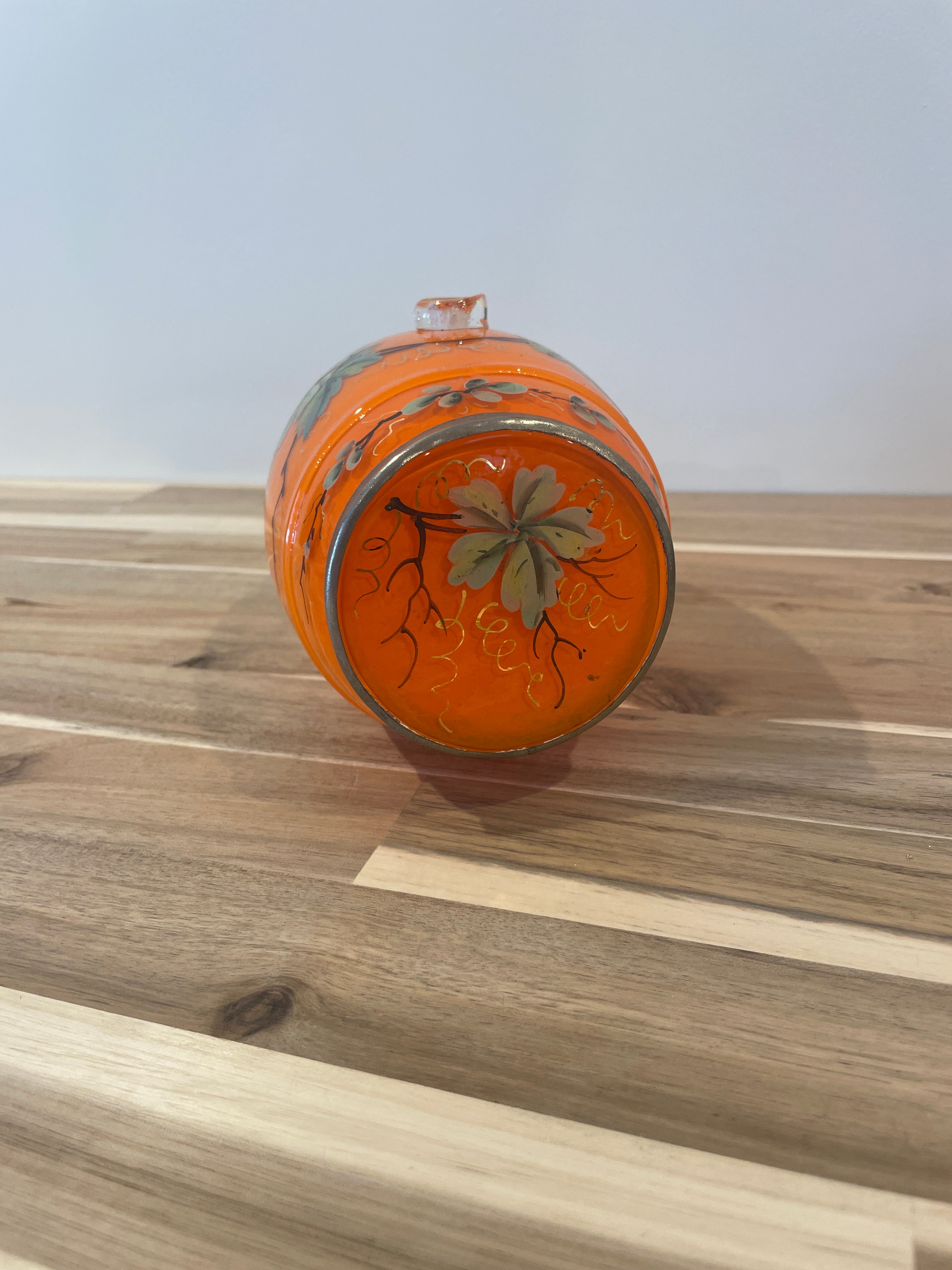 Vintage Italian Glass Whiskey Barrel Dispenser Hand Painted Grapes