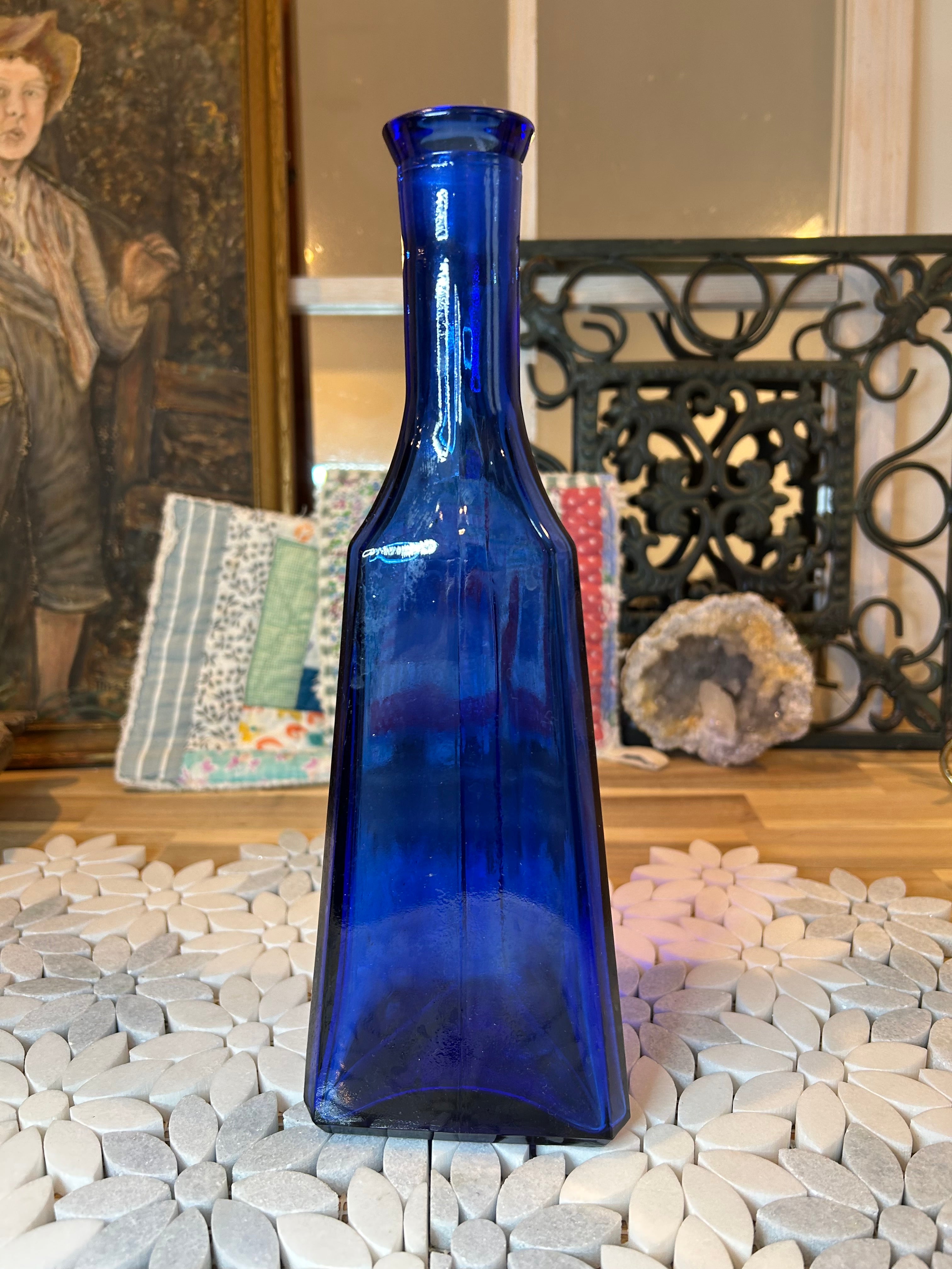 Vintage Triangular Cobalt Glass Bottle