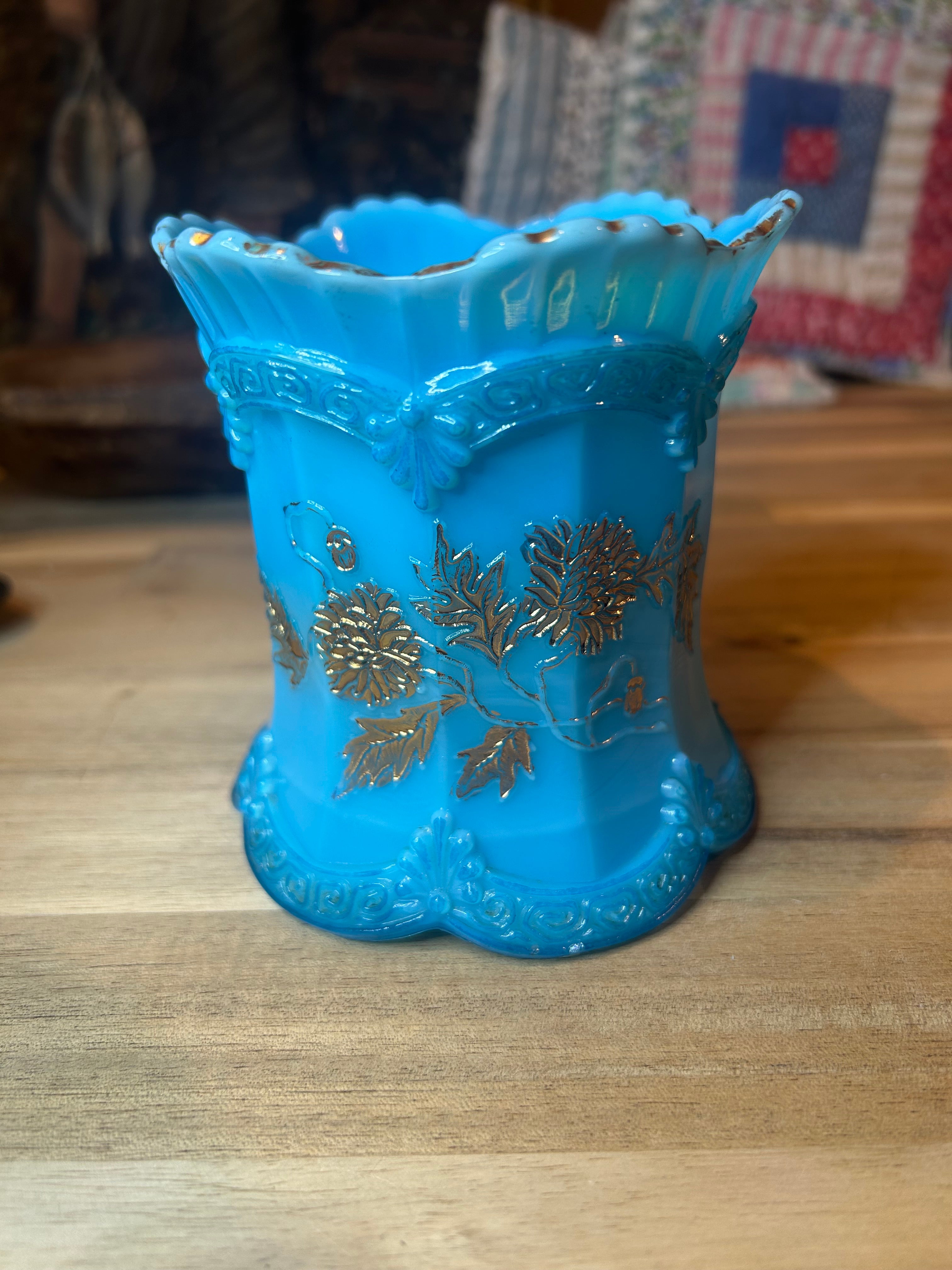 Northwood Blue Custard Glass Spooner with Gold Chrysanthemum Sprigs