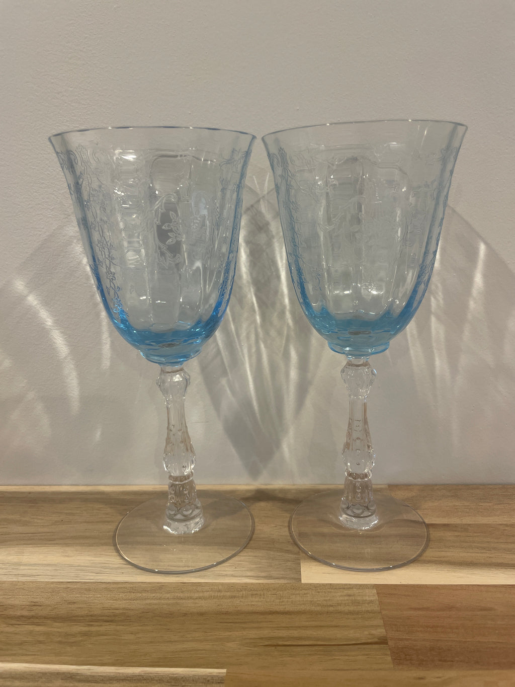 Set of 2 Fostoria Navarre Blue Water Goblet Etched Glass