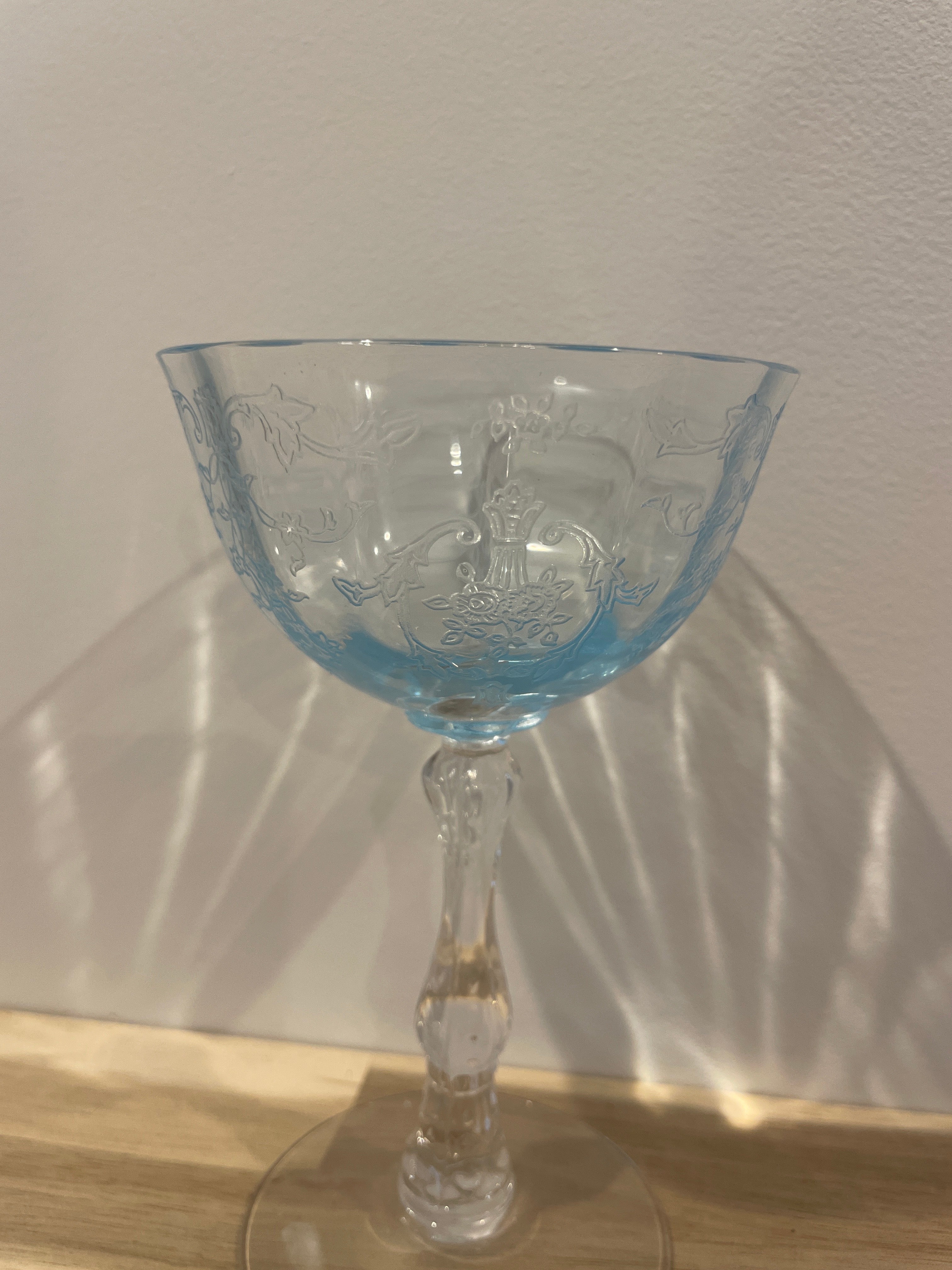 Vintage Set Of 2 Fostoria Navarre Blue Crystal Etched Sherbet / Champagne Glasses