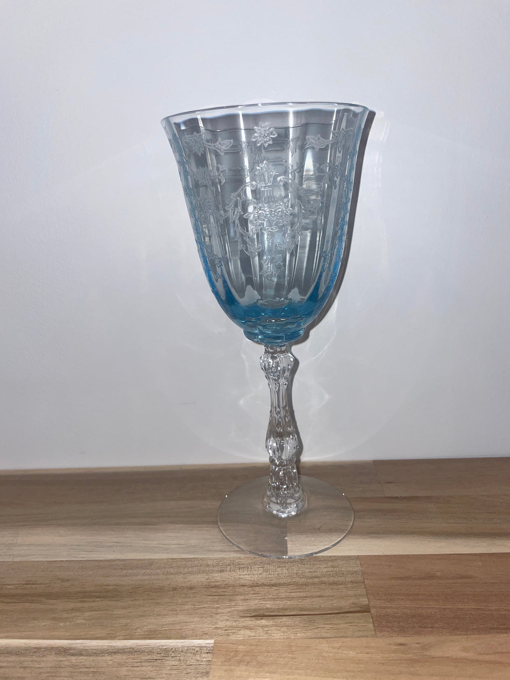 Set of 3 Fostoria Navarre Blue Water Goblet Etched Glass