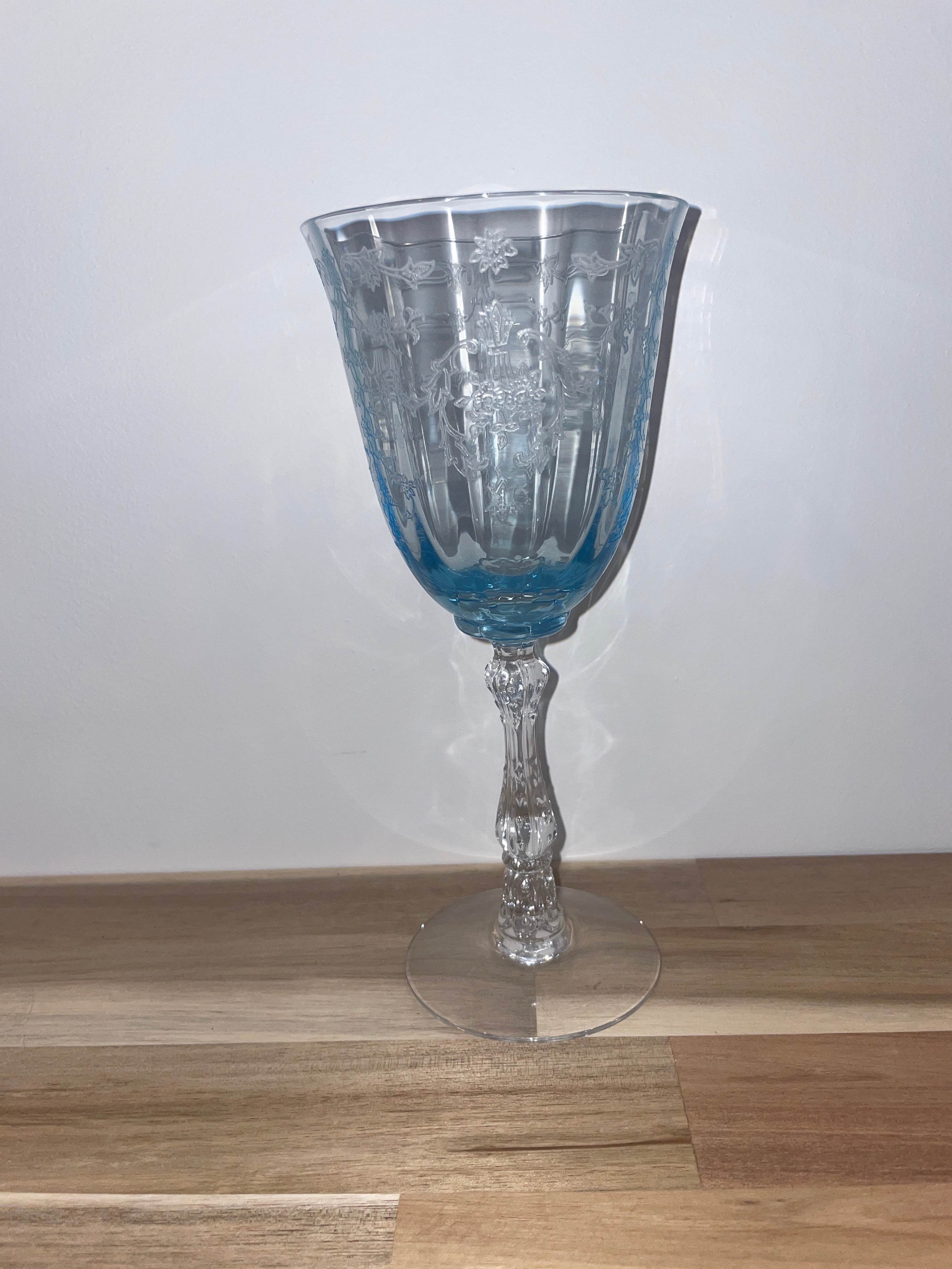 Set of 3 Fostoria Navarre Blue Water Goblet Etched Glass