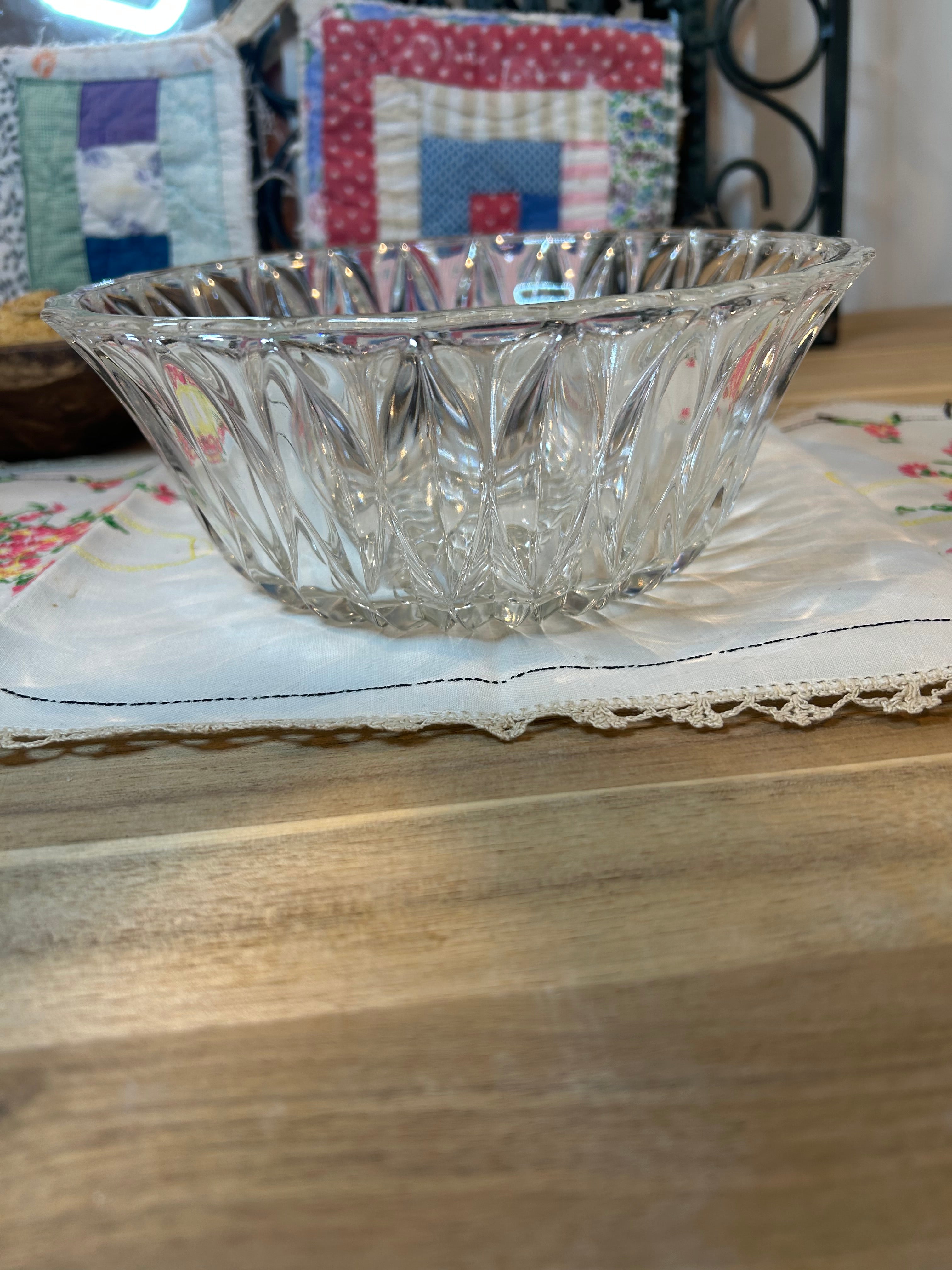 Diamond Cut Clear Glass Serving Bowl Vintage