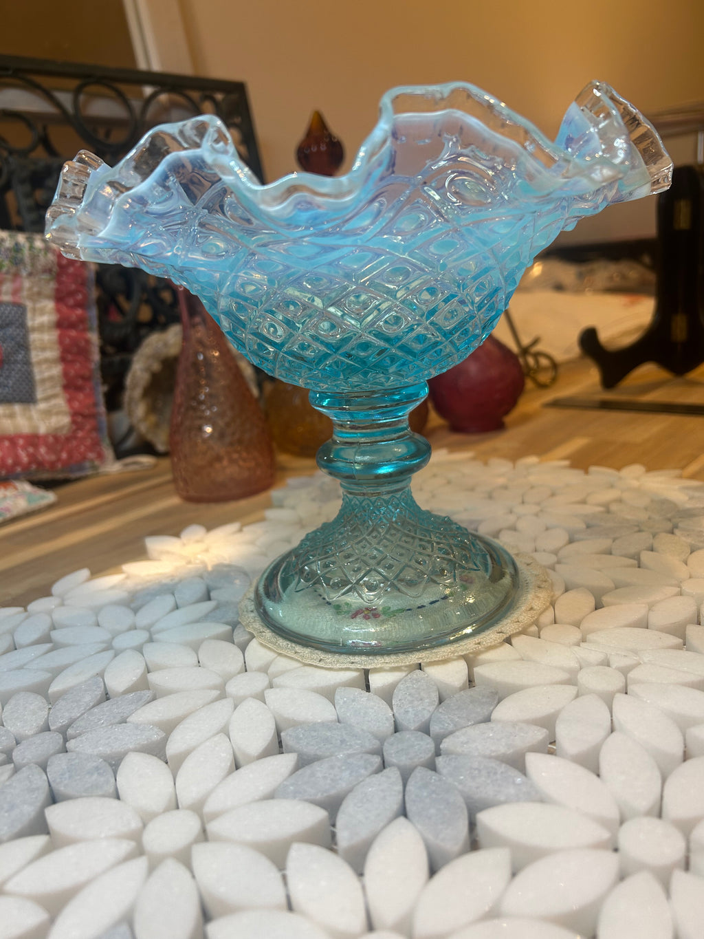 Fenton Diamond Lace Blue Opalescent Glass Compote