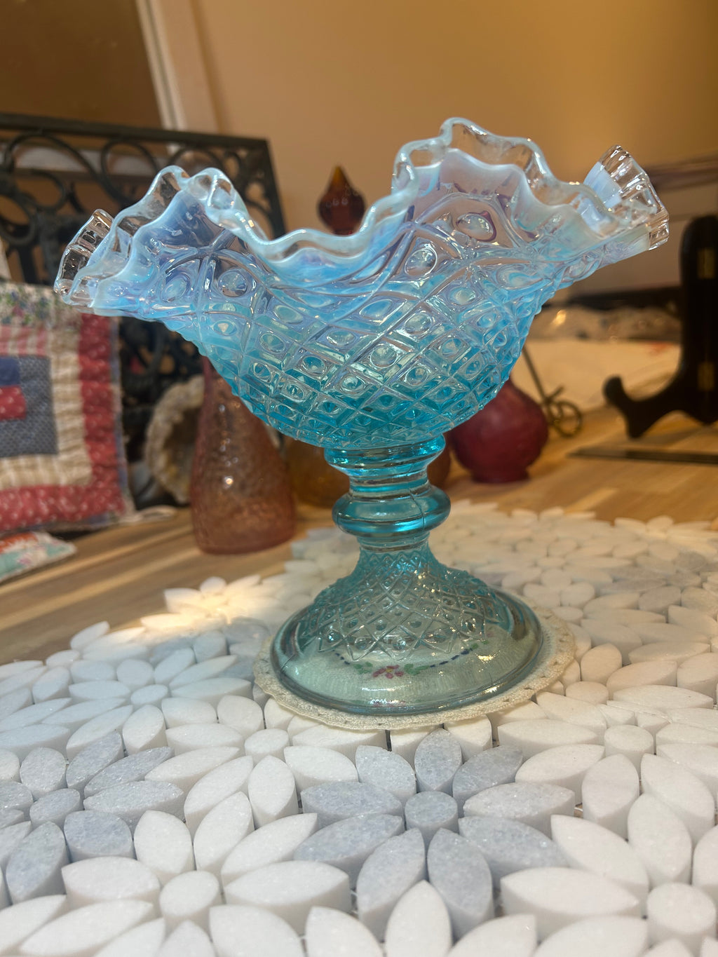 Fenton Diamond Lace Blue Opalescent Glass Compote