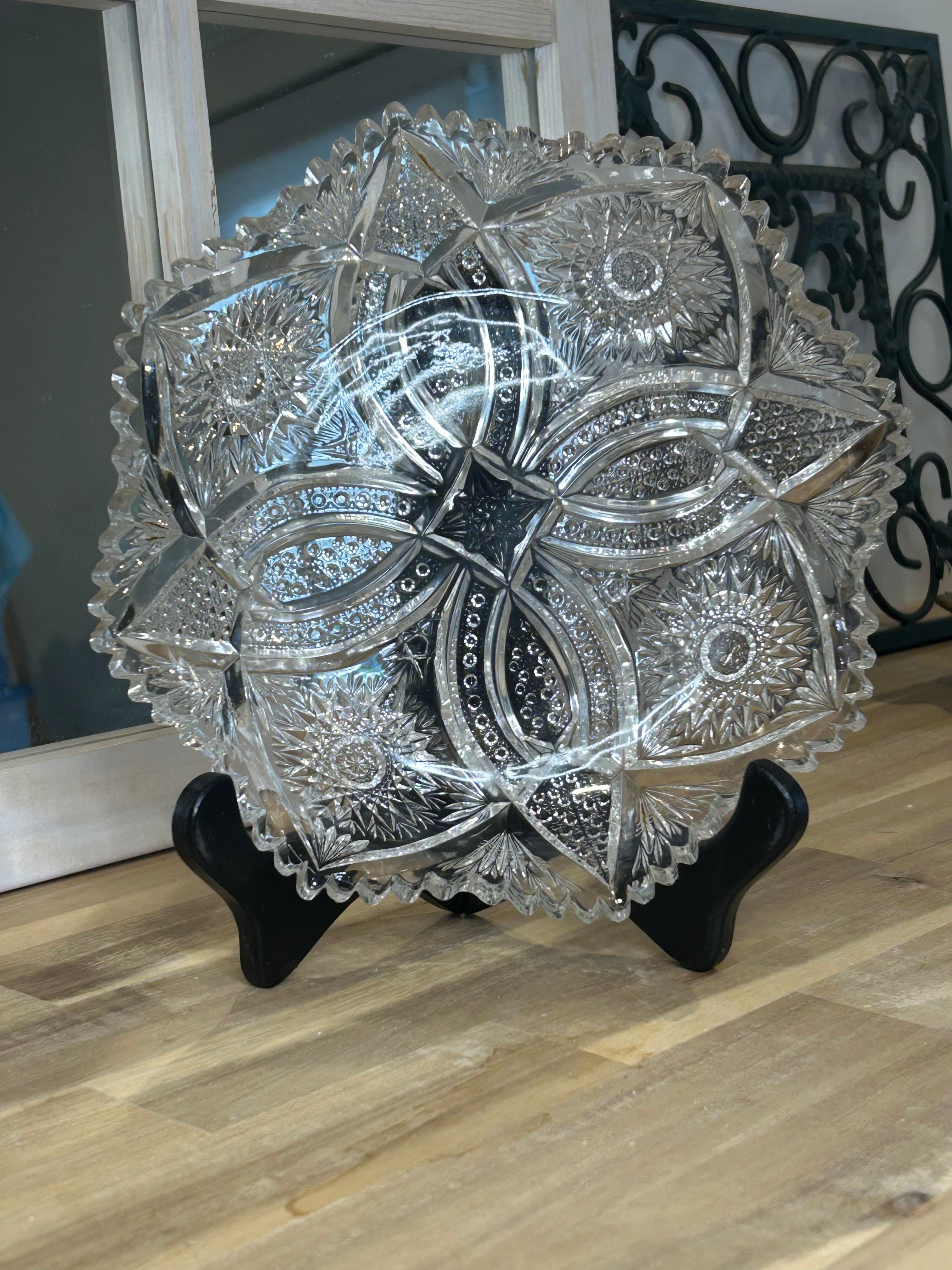American Brilliant Period Cut Crystal Bowl with Starburst Pattern Antique