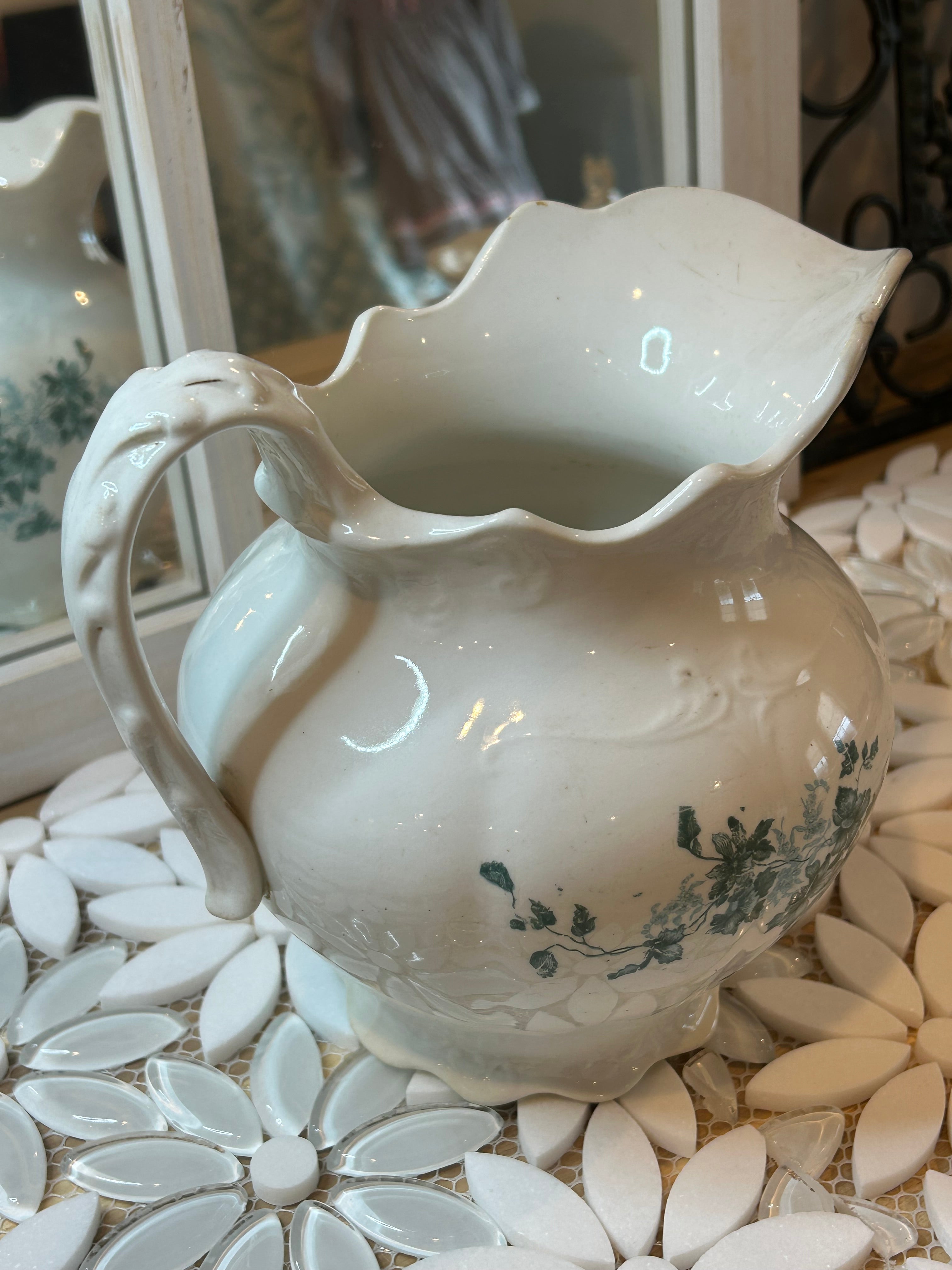 White Porcelain Tureen Set and Creamer with green floral
transferware