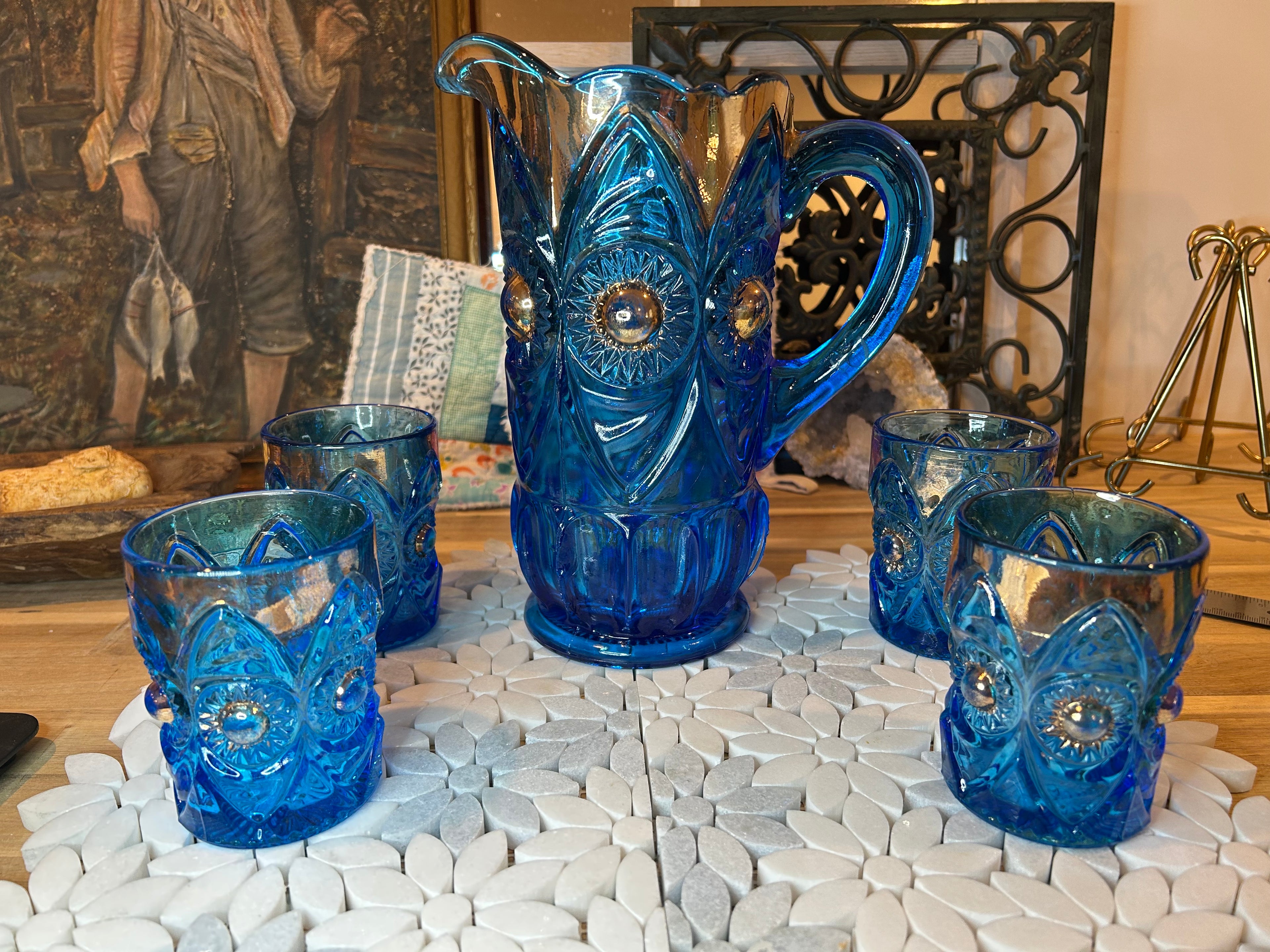 Five-Piece EAPG Blue Glassware Set-Antique