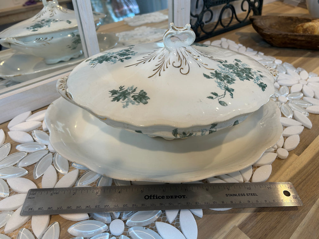 White Porcelain Tureen Set and Creamer with green floral
transferware